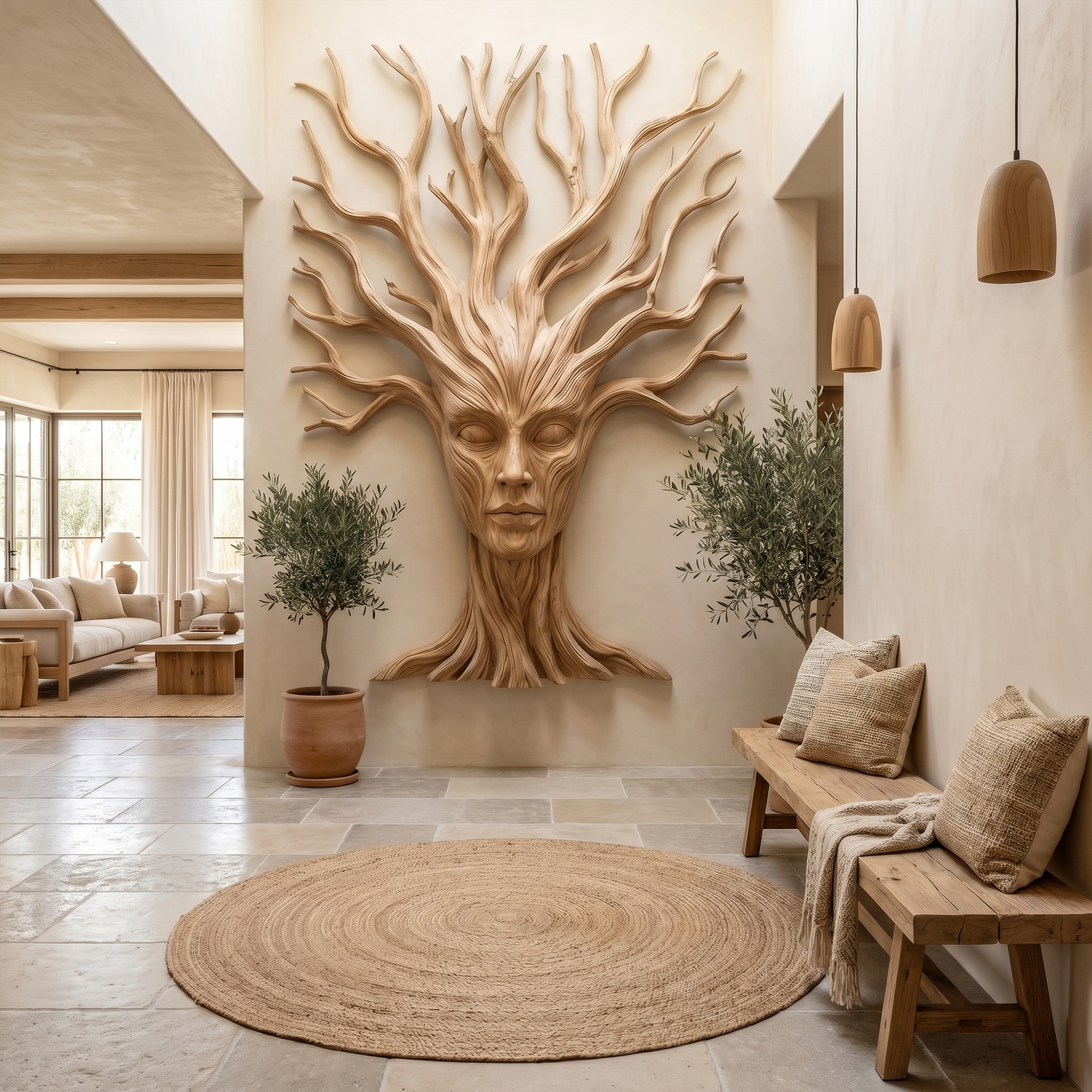 Mystical Tree Spirit Wooden Wall Art With Sculptural Face Design For Entryway And Living Room