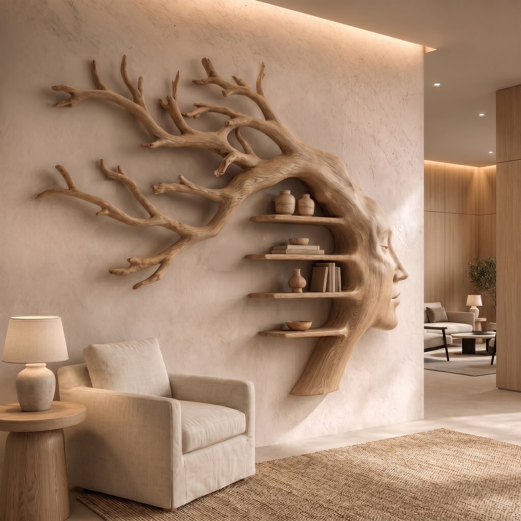 Rustic Tree Branch Wooden Wall Art With Floating Shelves For Living Room And Entryway