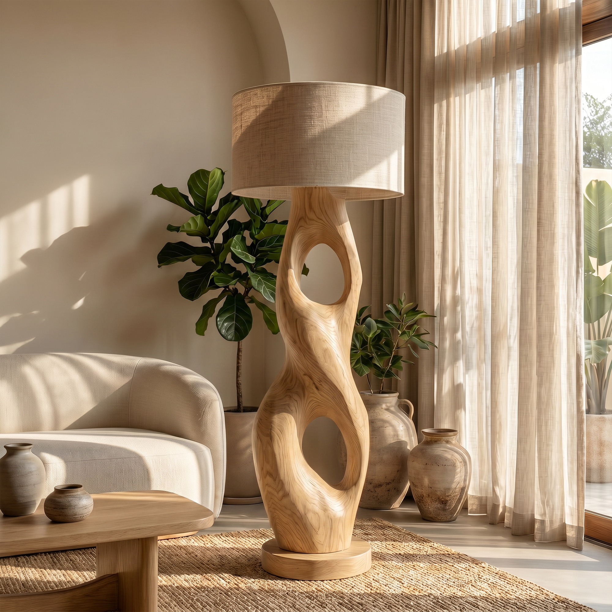 Rustic Floor Lamp With Handcrafted Hollow Wood Sculpture Base For Living Room