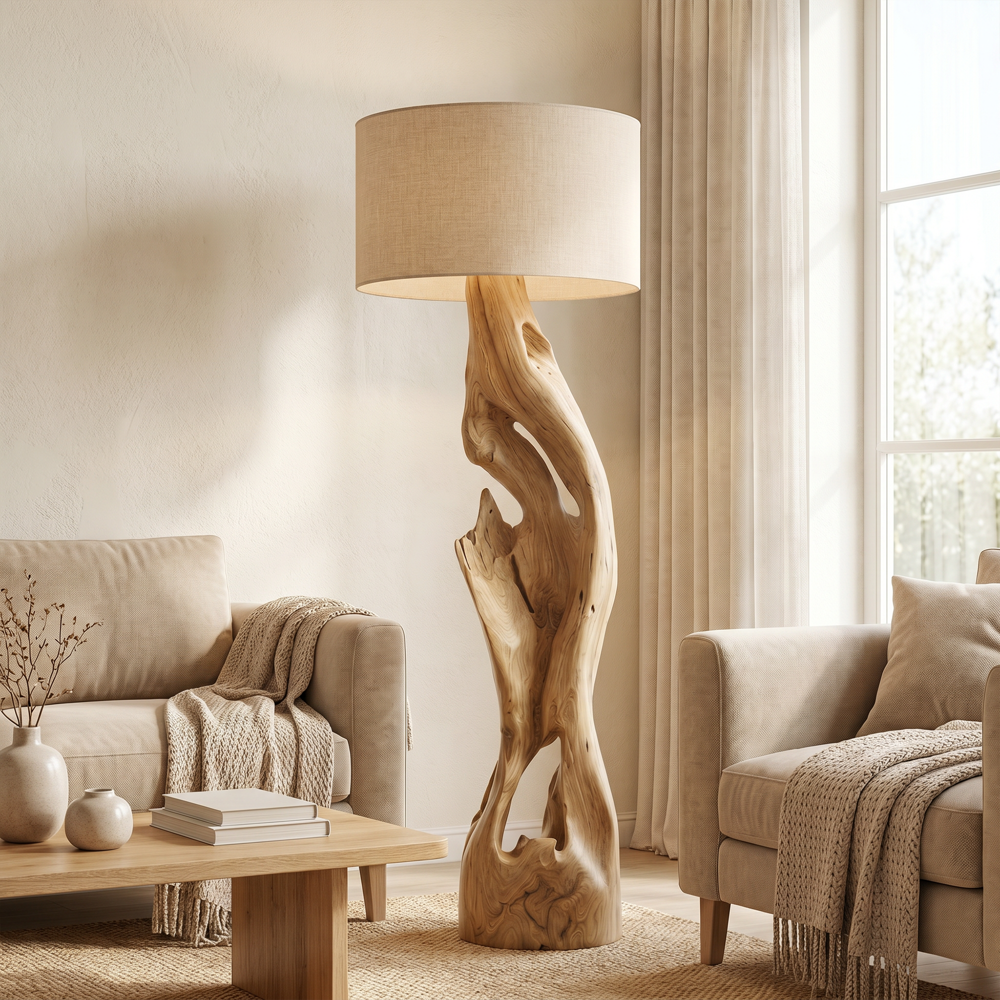 Sculptural Floor Lamp With Solid Wood Open Form Design For Living Room