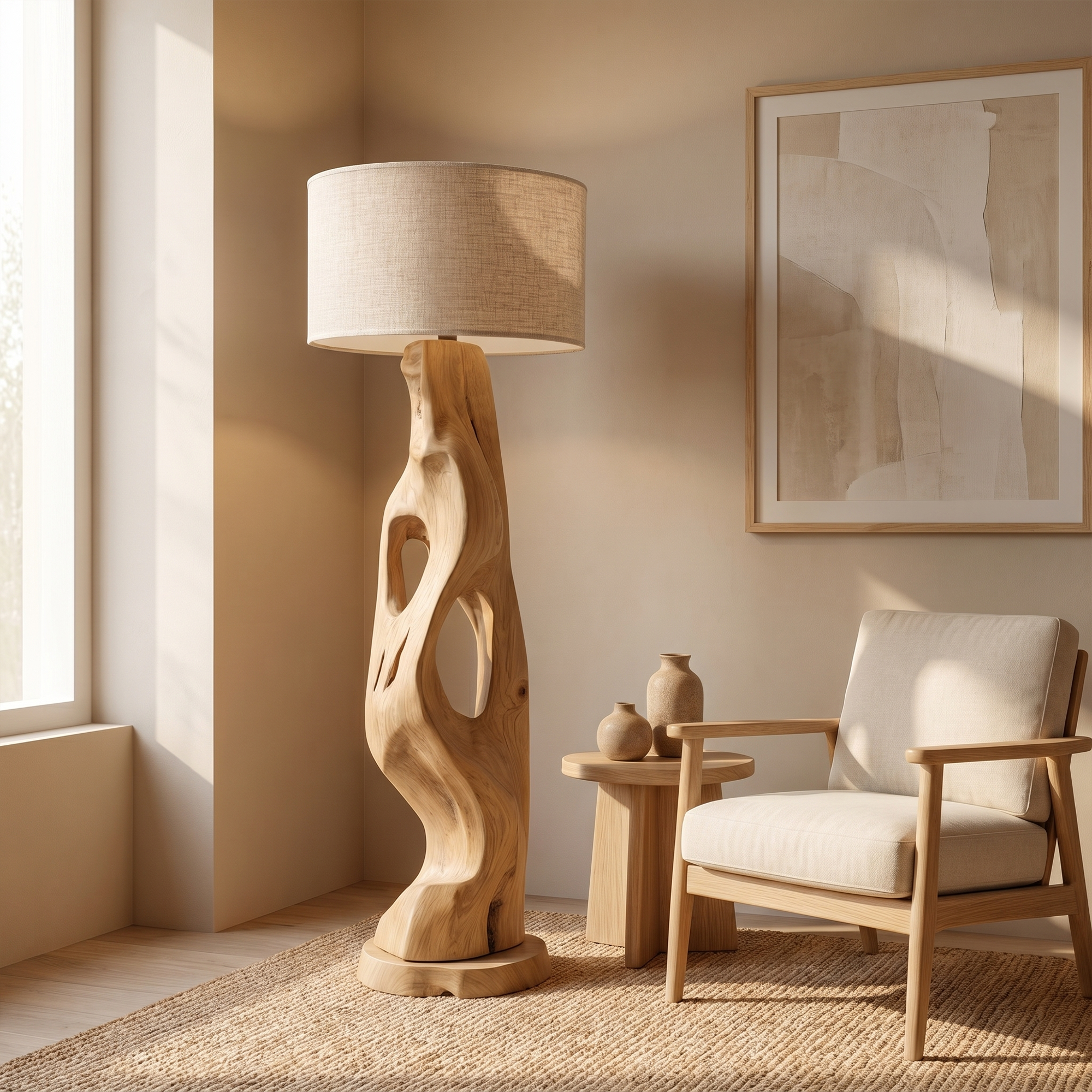 Organic Modern Standing Lamp With Artistic Solid Wood Base For Living Room