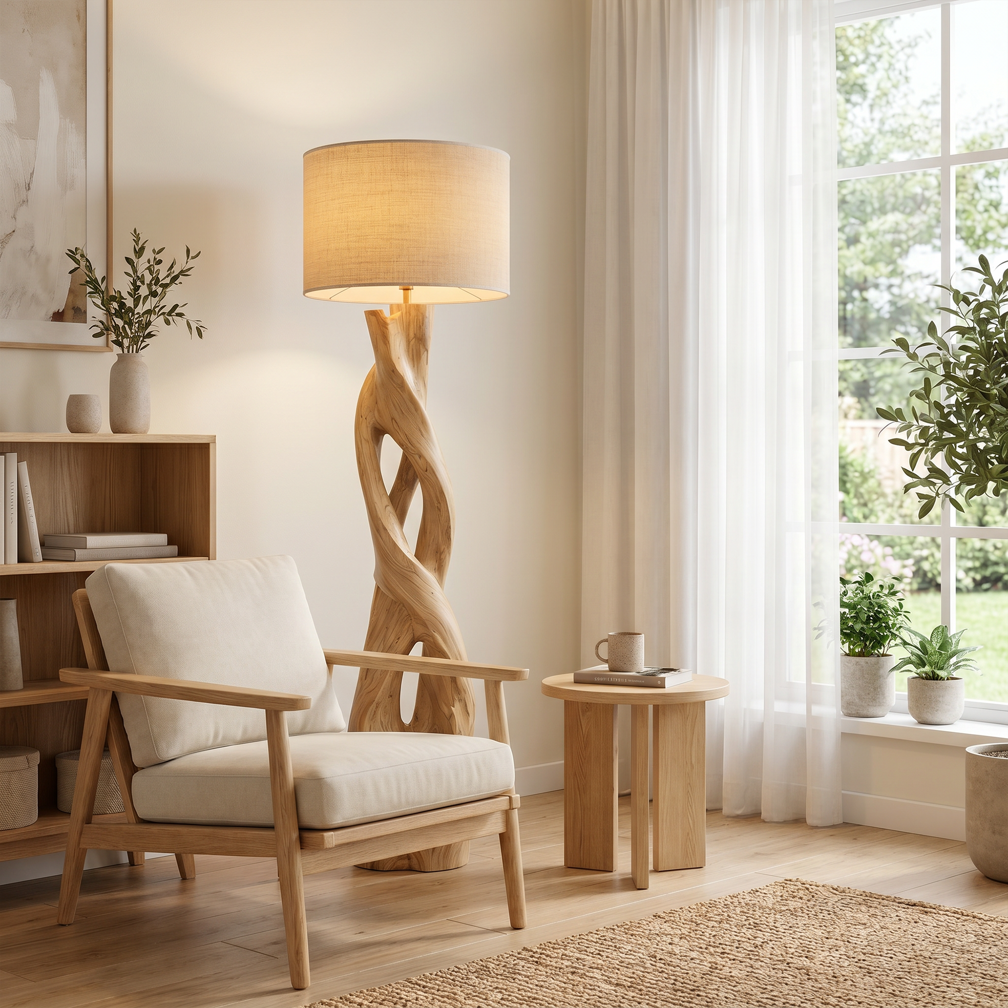 Nature Inspired Floor Lamp With Sculptural Wood Form And Fabric Shade For Living Room