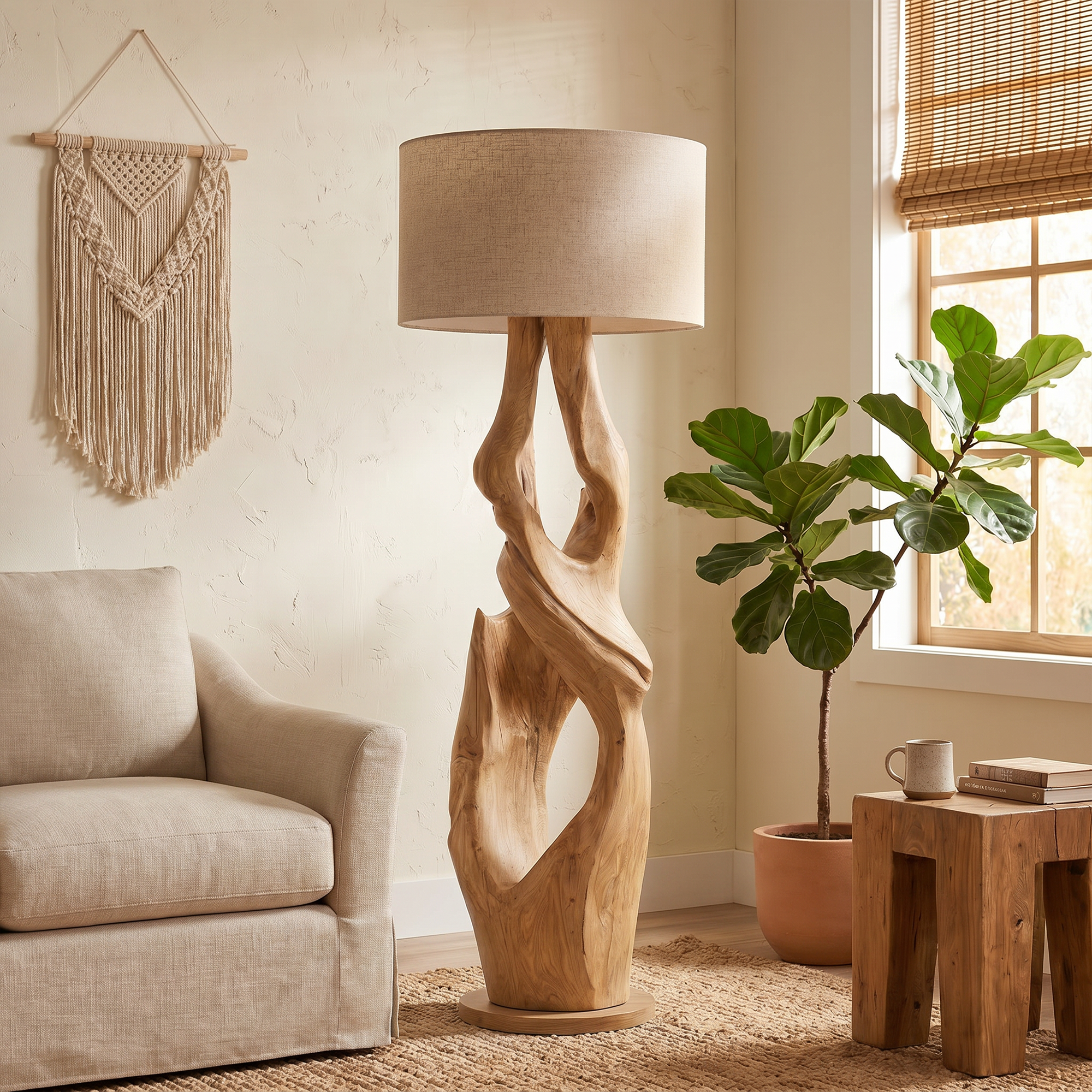 Contemporary Organic Floor Lamp With Artistic Hollow Wood Structure For Living Room