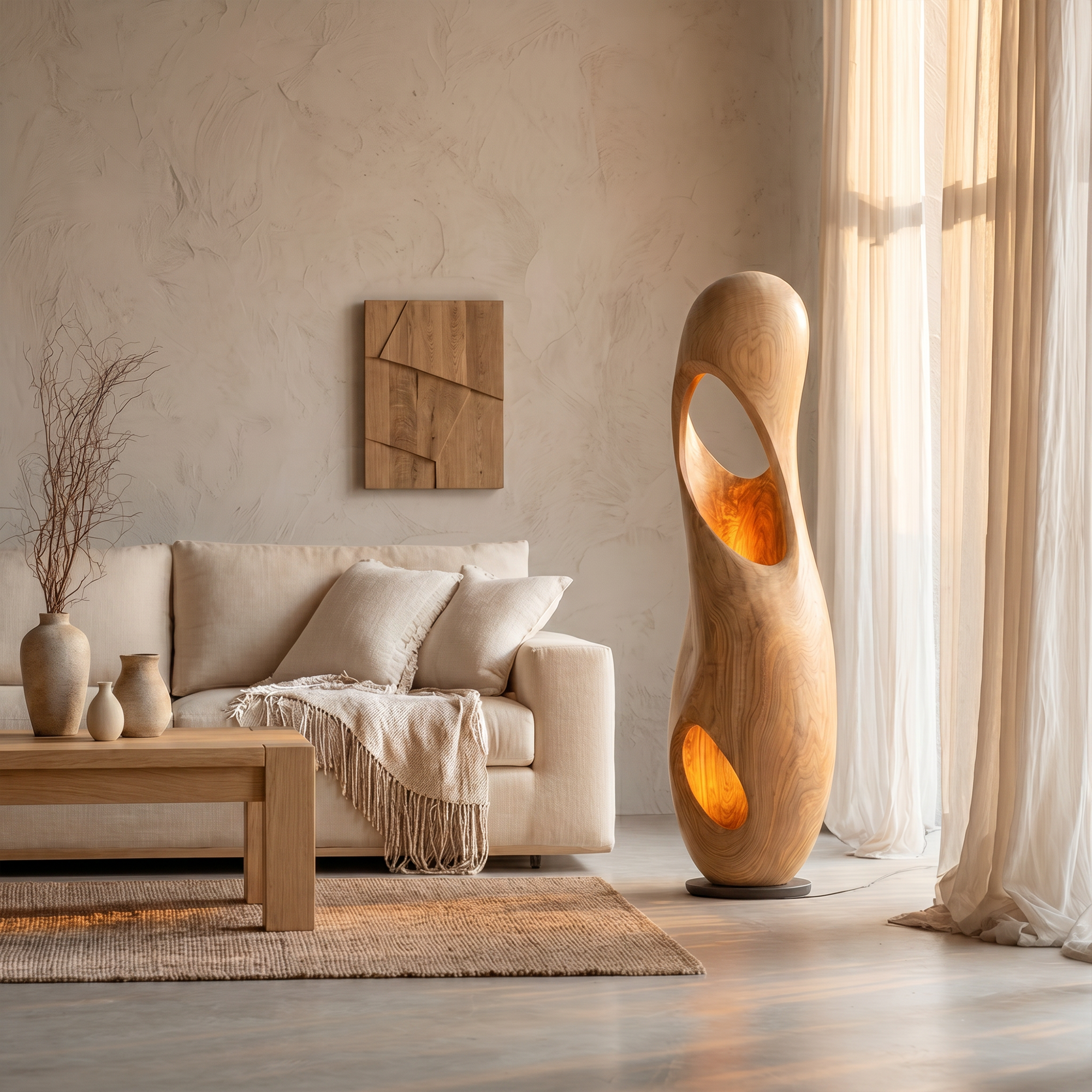 Organic Floor Lamp With Sculptural Hollow Wood Tower Design For Living Room
