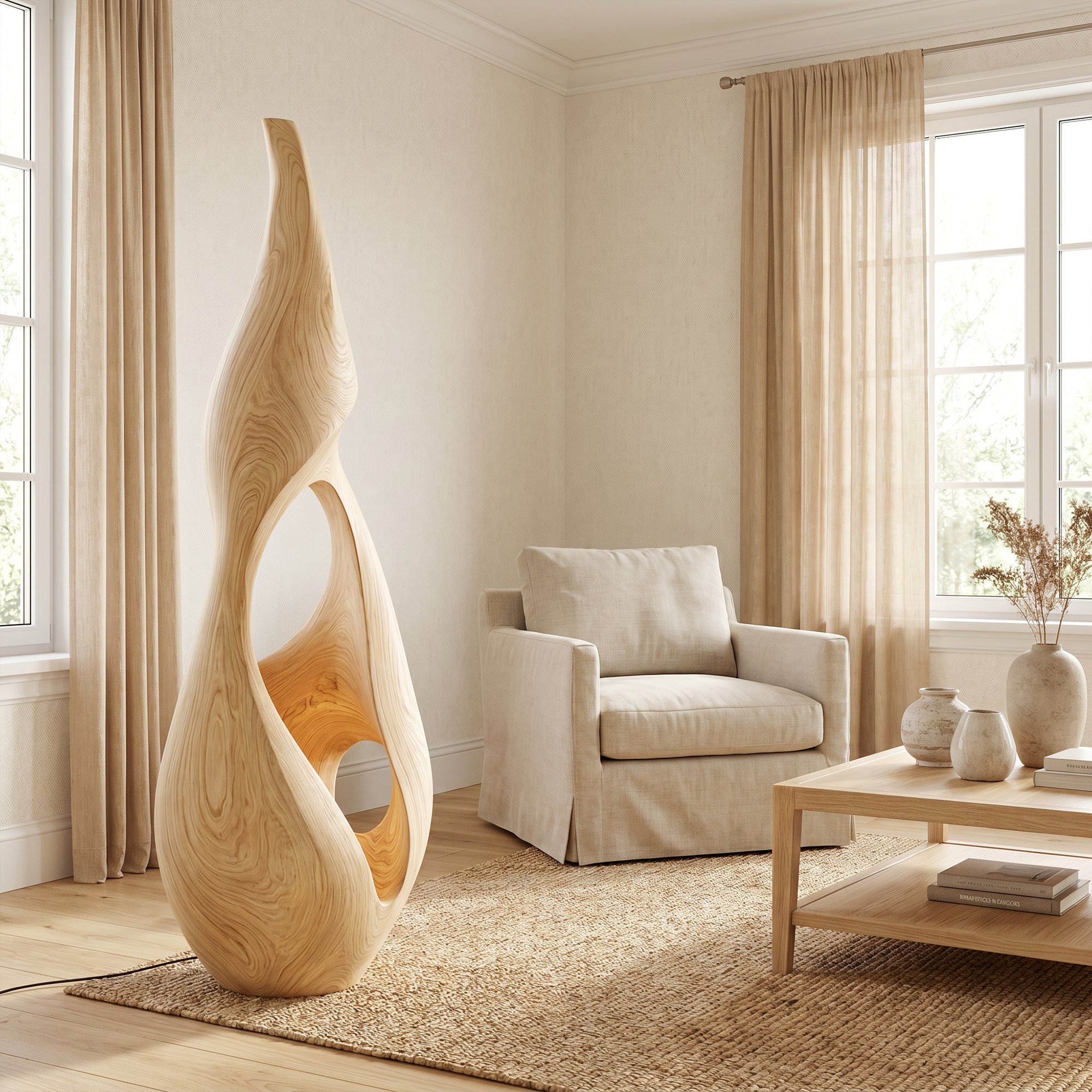 Nature Inspired Floor Lamp With Sculptural Solid Wood Form For Living Room