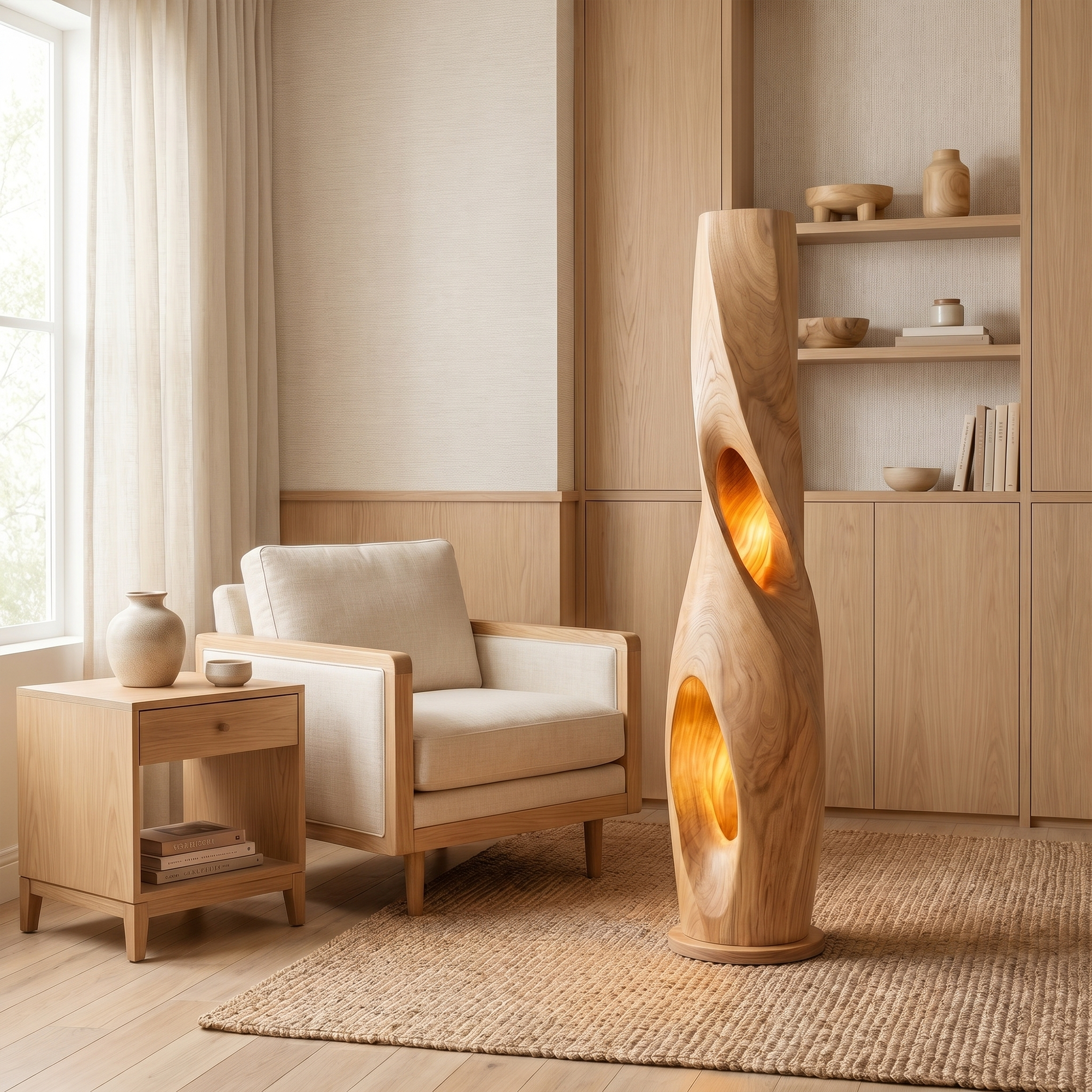 Modern Sculptural Floor Lamp With Hollow Solid Wood Design For Living Room