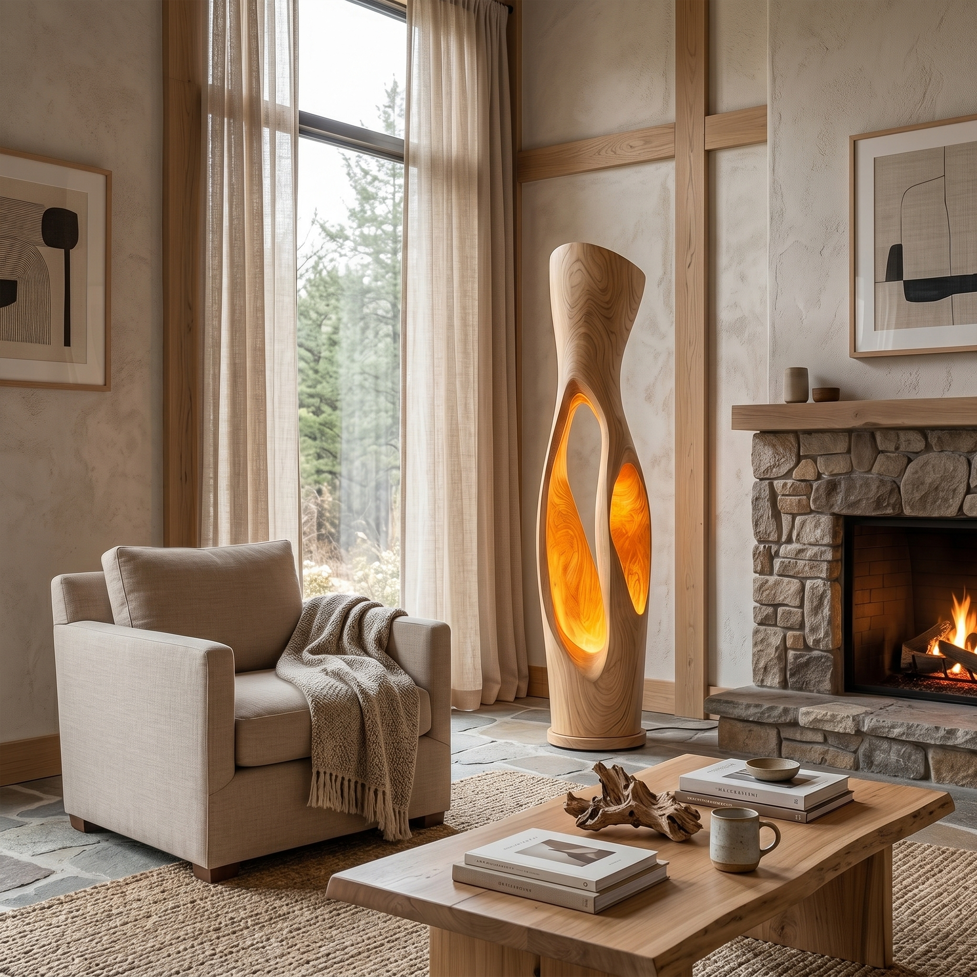 Modern Organic Floor Lamp With Illuminated Hollow Wood Design For Living Room