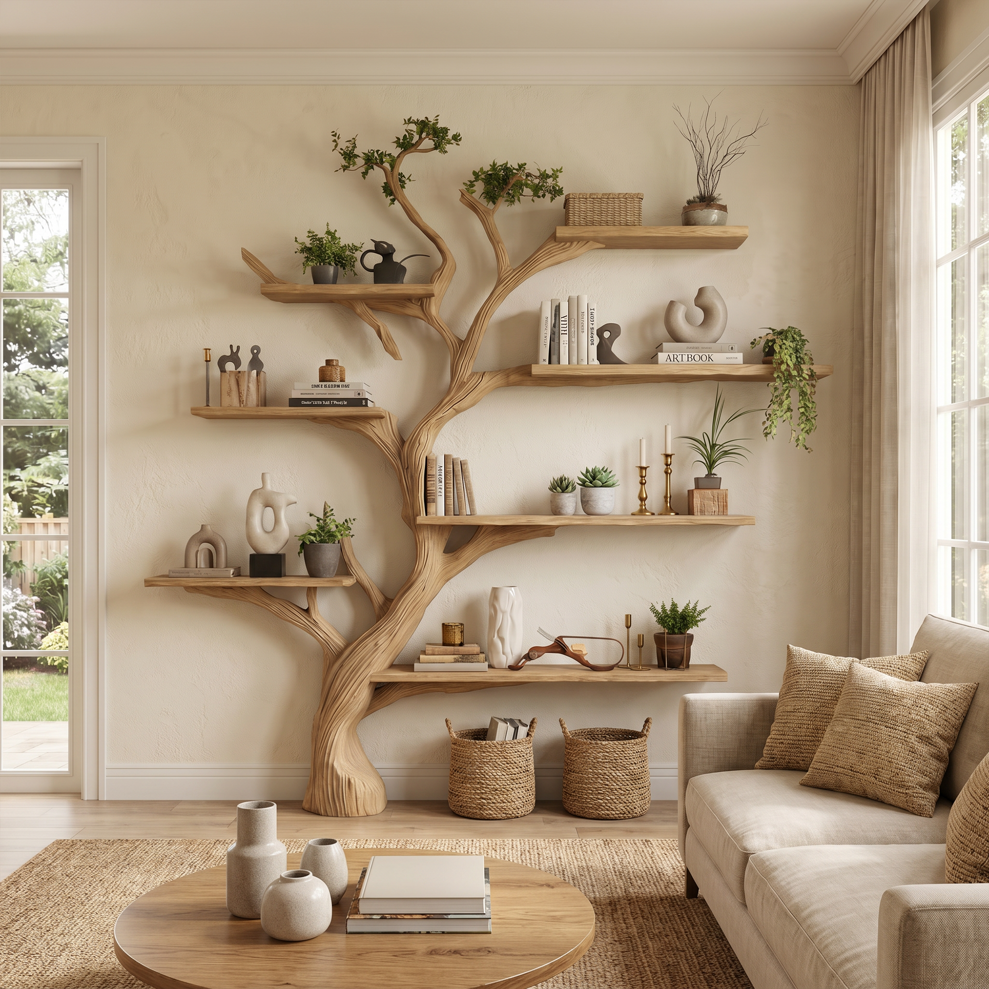 Rustic Handcrafted Tree Bookshelf For Living Room