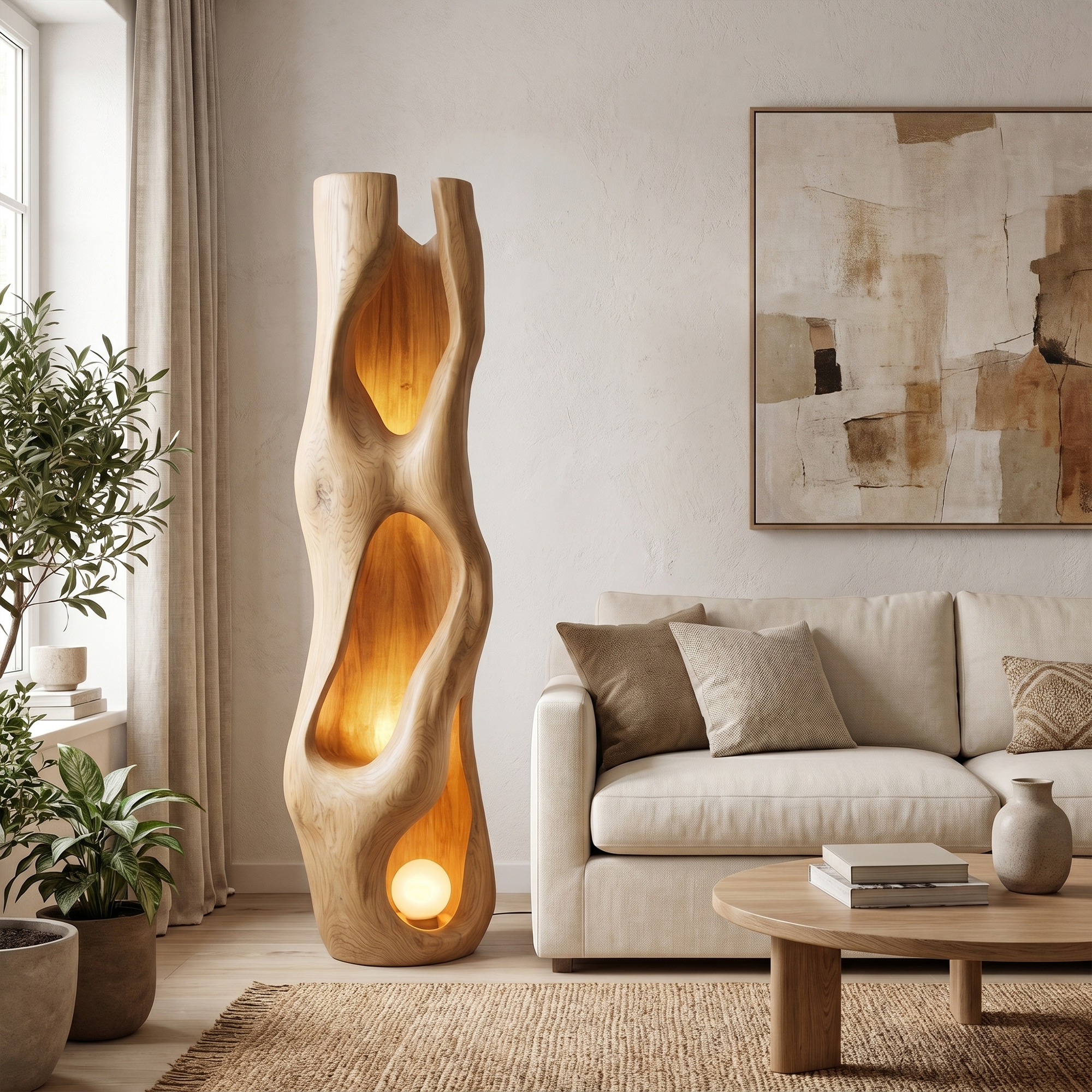 Nature Inspired Floor Lamp Carved Wood Sculpture For Living Room