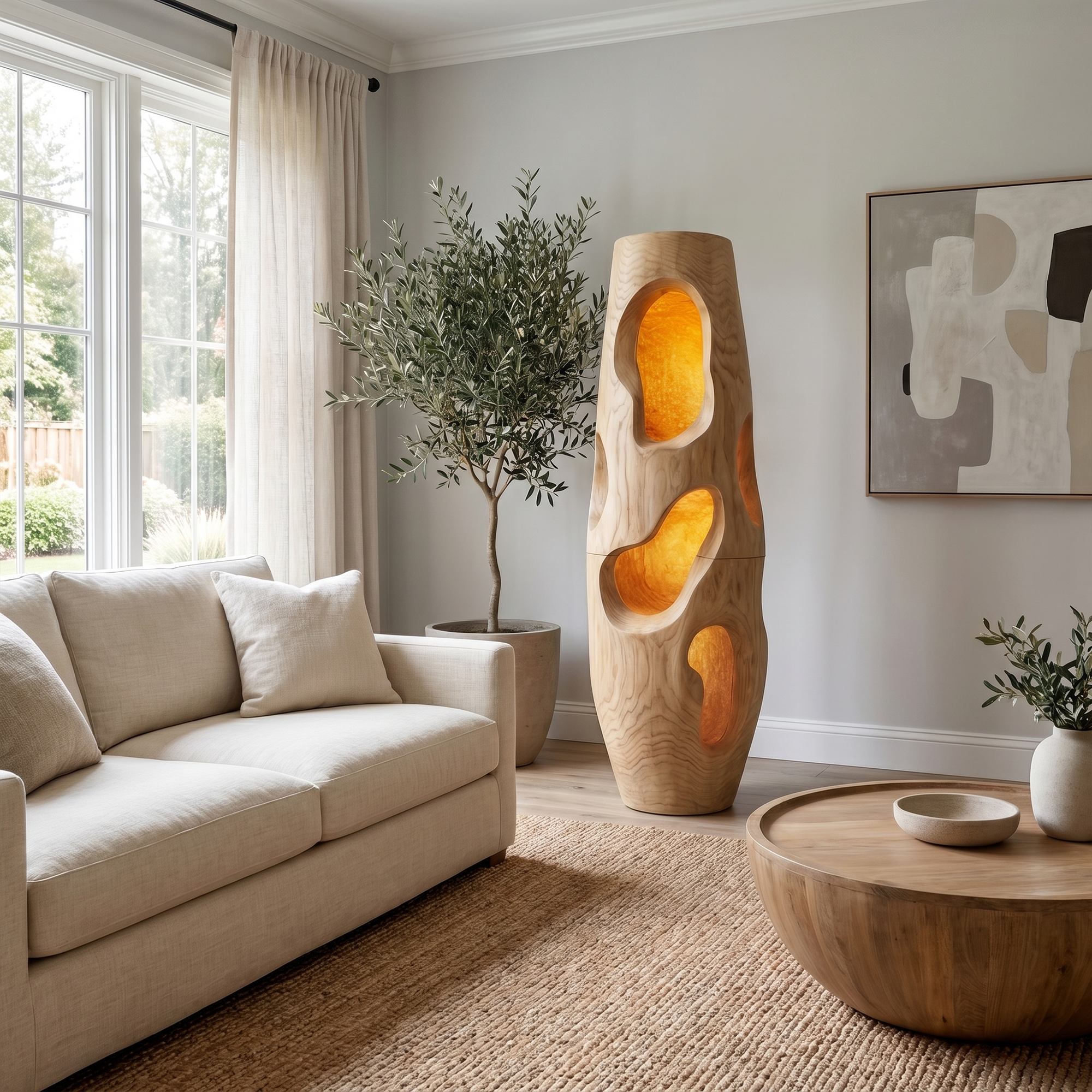 Sculptural Floor Lamp Natural Wood Form For Living Room