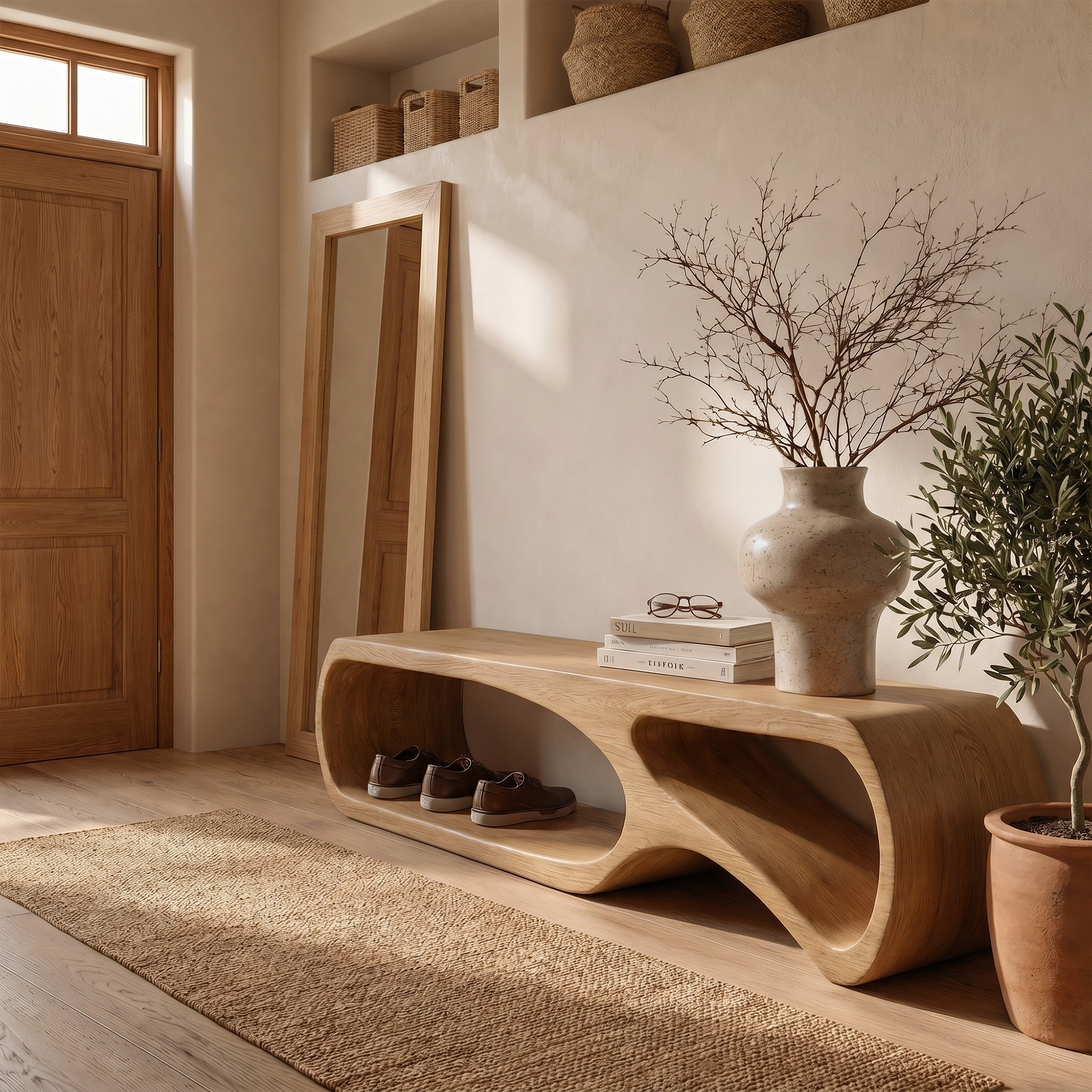 Sculptural Bench With Curved Open Storage Base For Entryway
