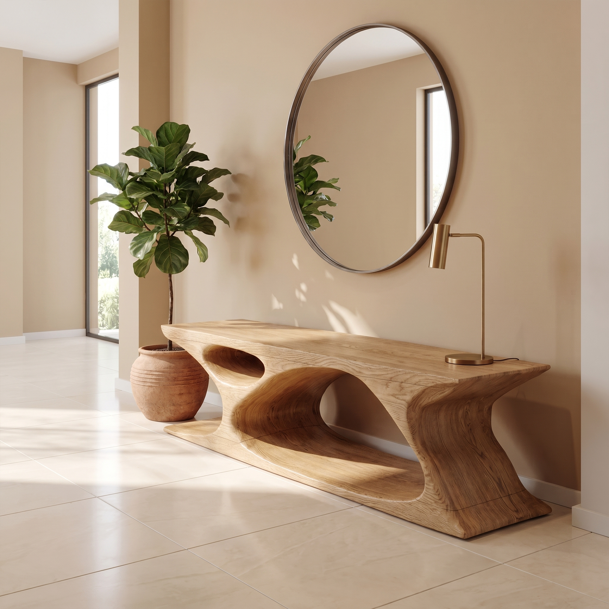 Modern Bench With Sculptural Open Base And Built In Shoe Storage For Entryway