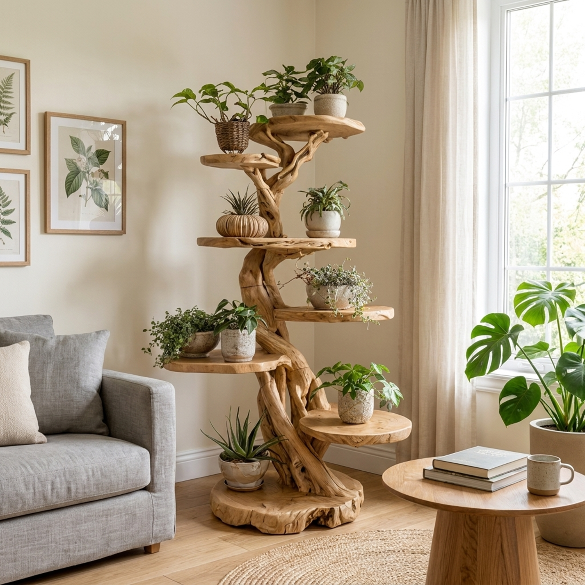 Rustic Tree Plant Shelf Natural Interior Design Home Decor