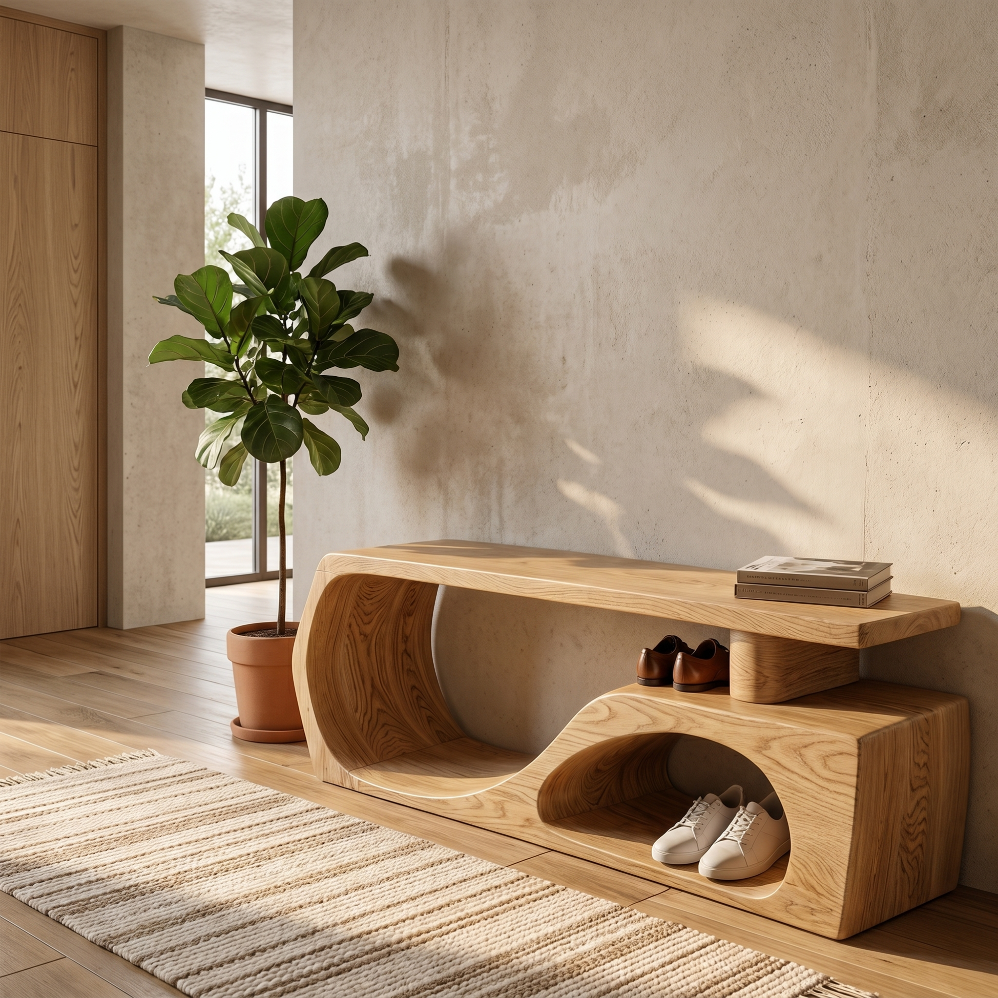Contemporary Bench With Curved Open Shoe Storage For Entryway And Living Room