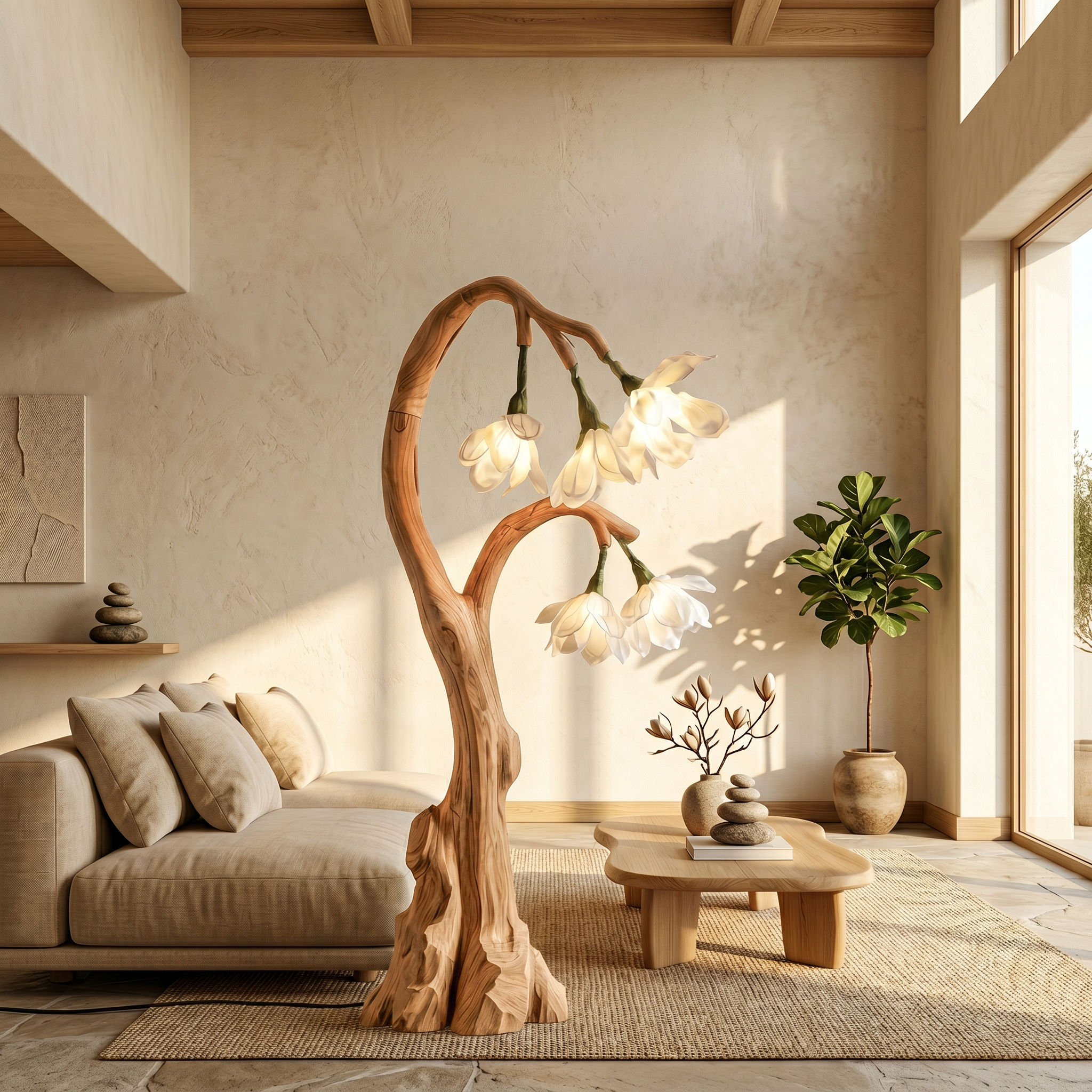 Artistic Floral Floor Lamp With Natural Wood Base For Living Room And Bedroom