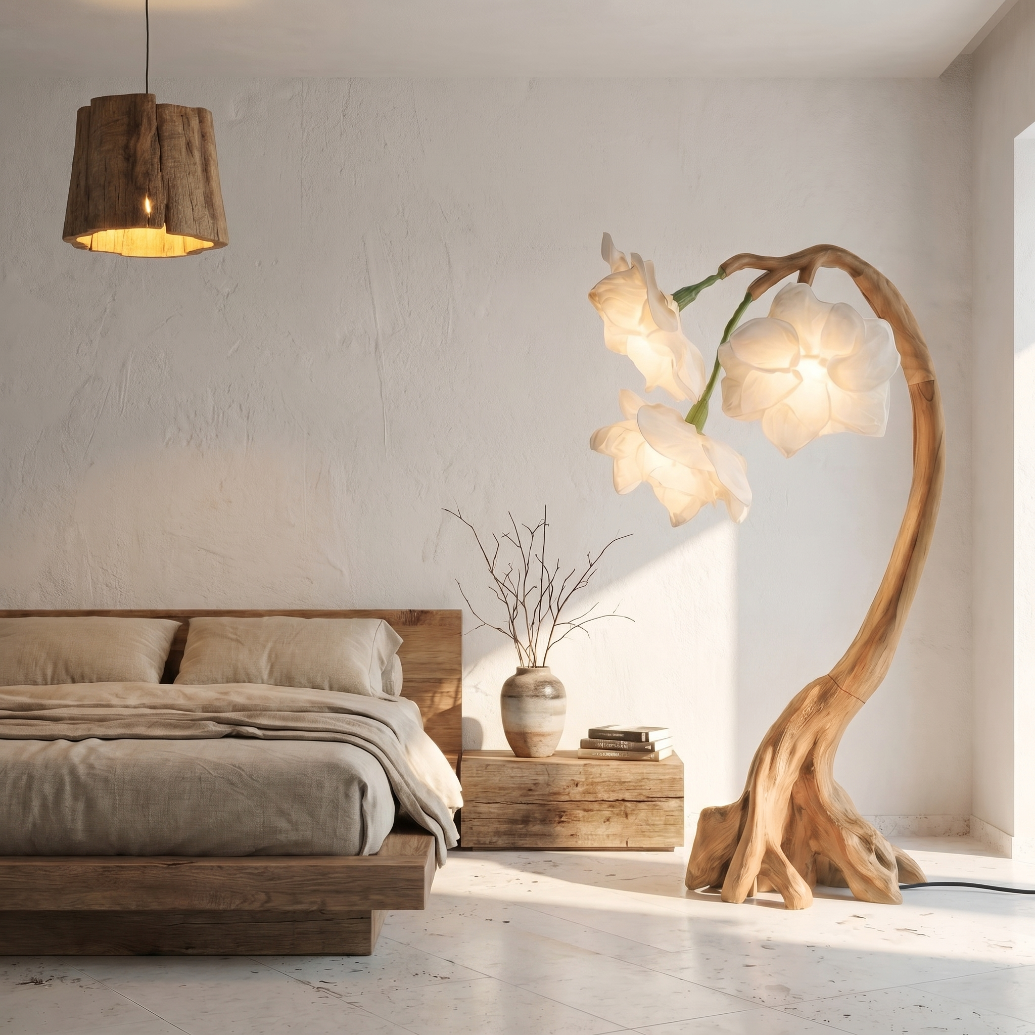 Rustic Botanical Floor Lamp With Flower Petal Shade For Living Room And Bedroom