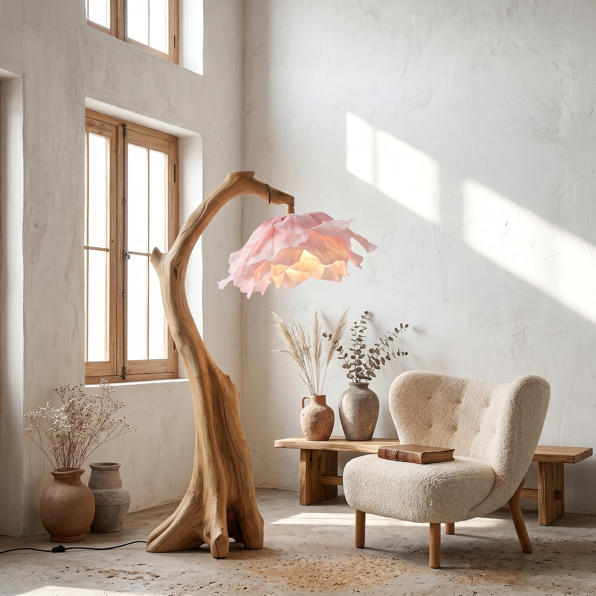 Handmade Flower Floor Lamp With Sculptural Wood Base For Living Room And Bedroom