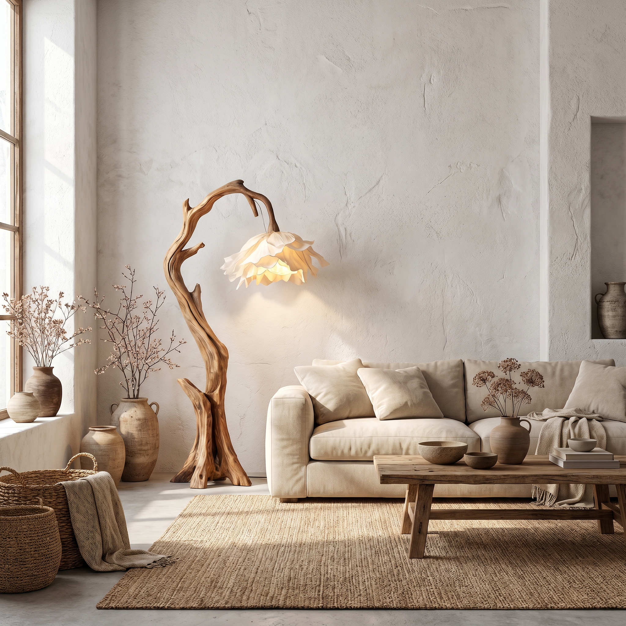 Nature Inspired Flower Floor Lamp With Solid Wood Base For Living Room And Bedroom