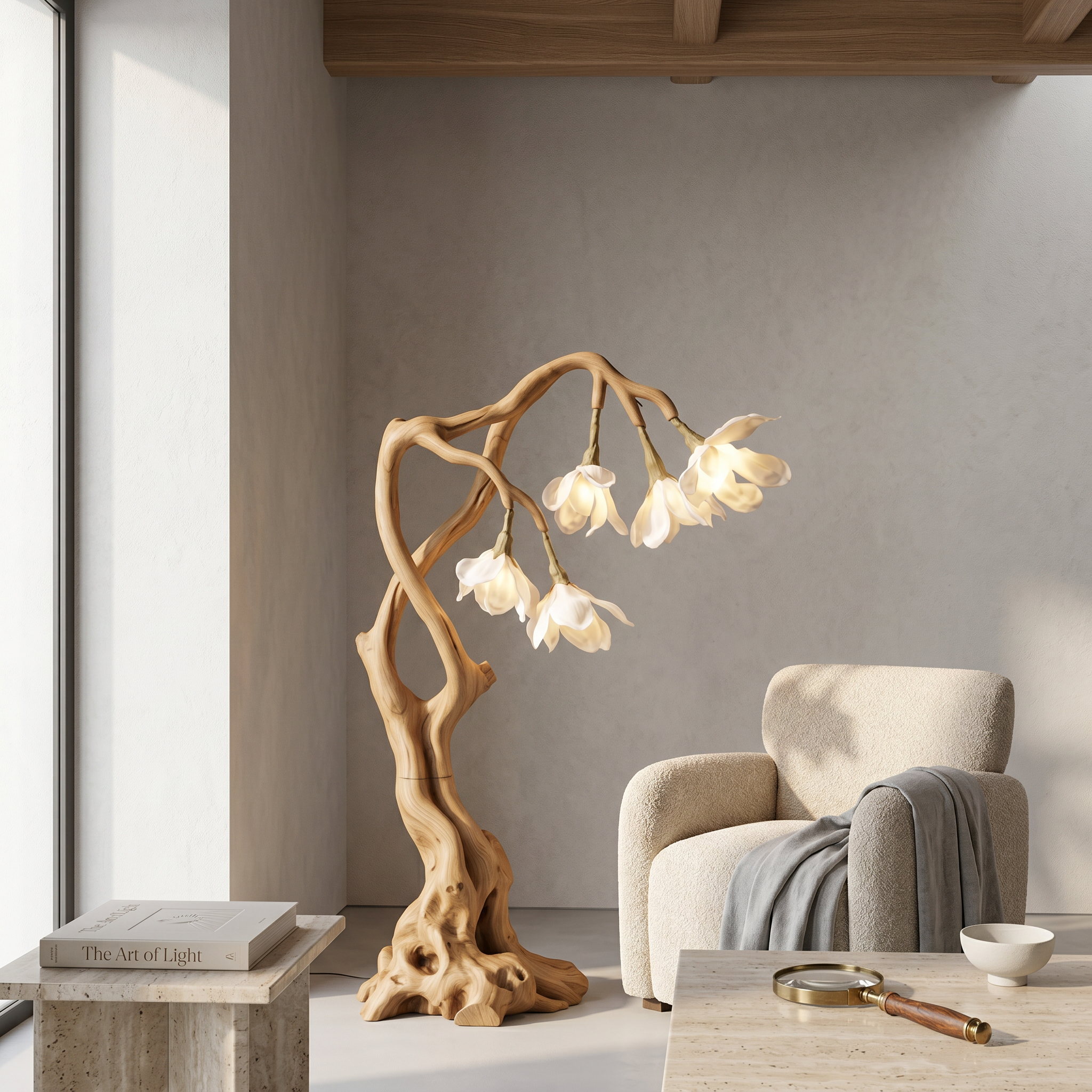 Petal Inspired Floor Lamp With Artistic Wood Base For Living Room And Bedroom