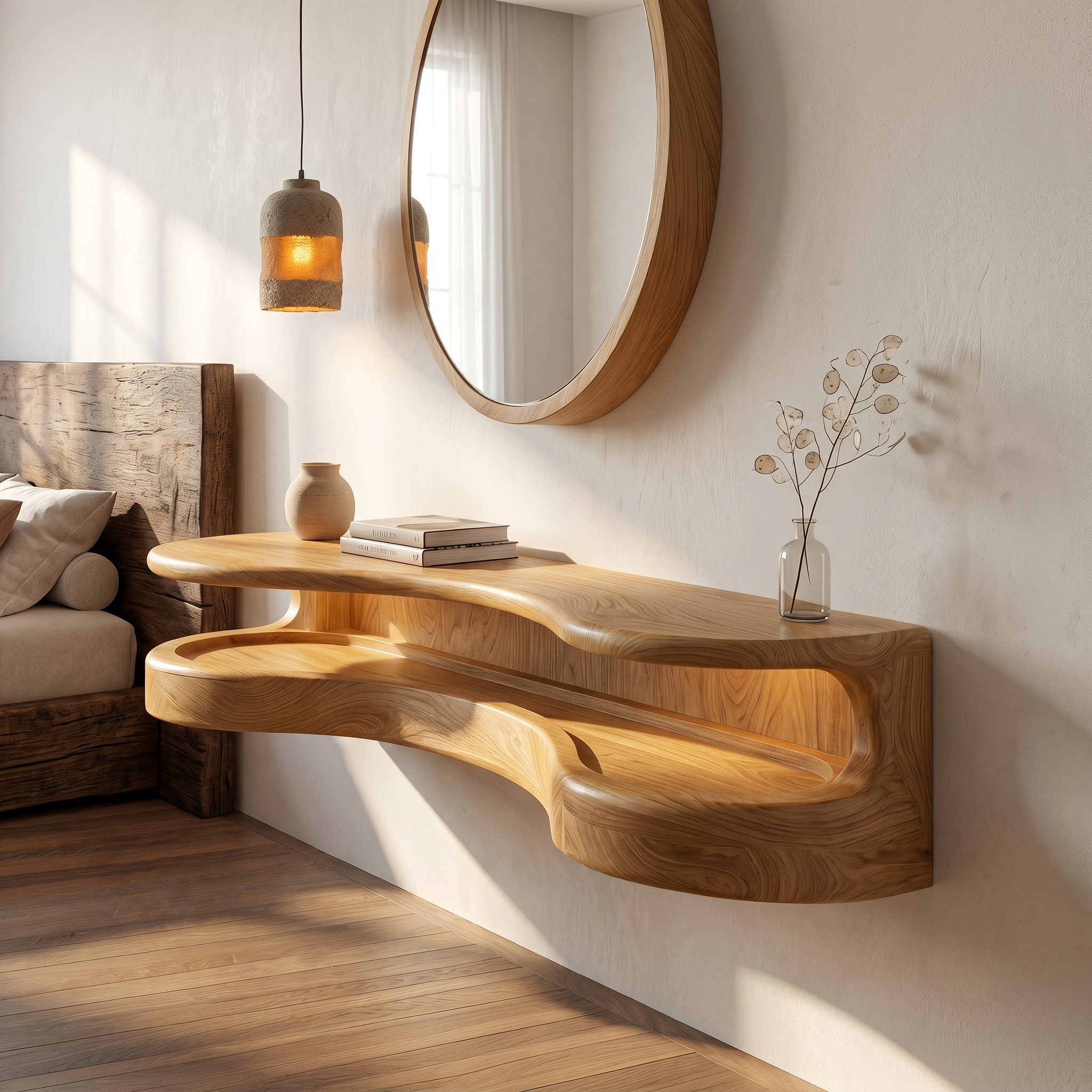 Organic Floating Vanity Desk With Rounded Wood Shelf For Bedroom