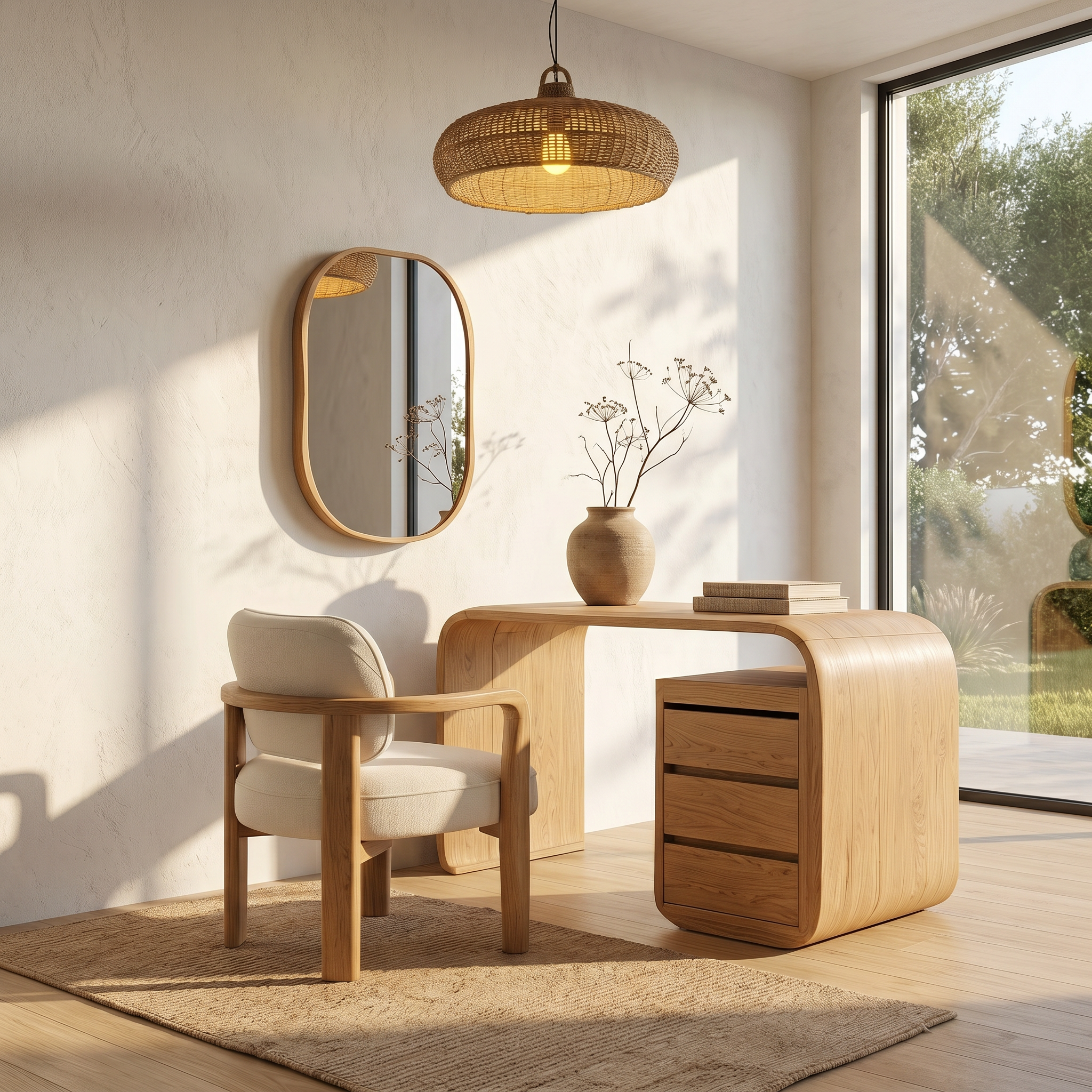 Modern Walnut Vanity Table With Open Shelf Cabinet For Bedroom