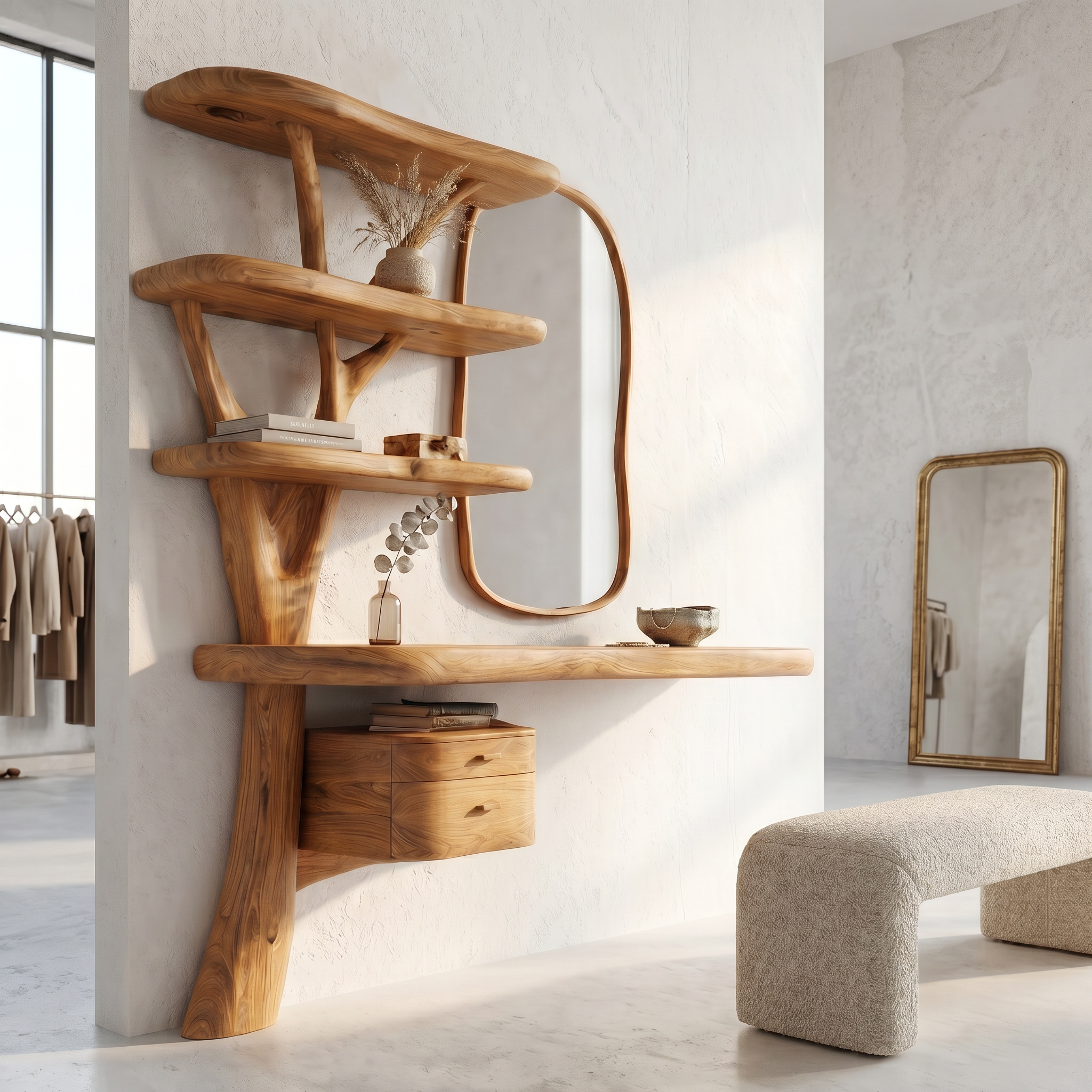 Sculptural Tree Vanity Desk With Curved Wood Shelves For Bedroom