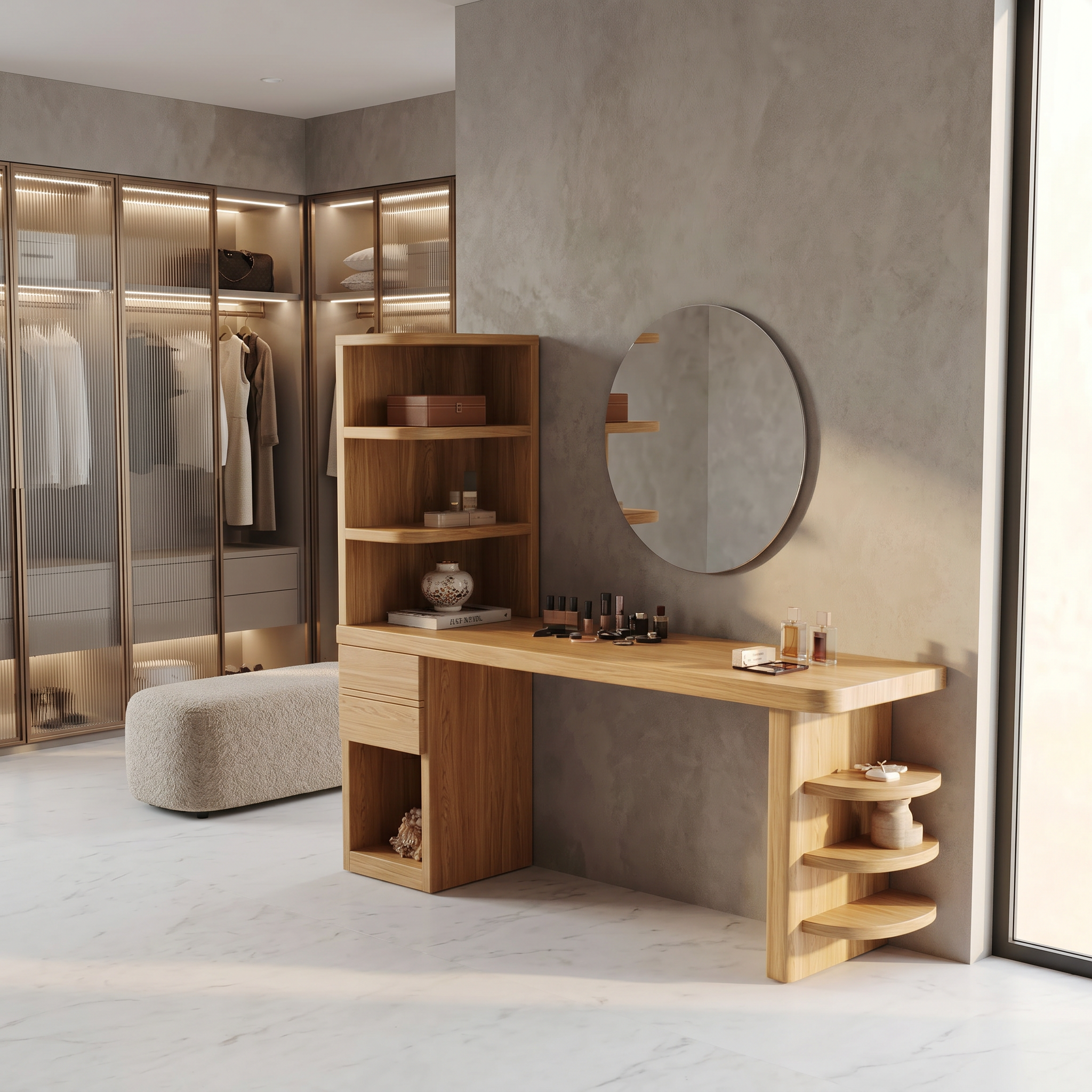 Contemporary Corner Makeup Vanity With Vertical Storage Shelves For Bedroom