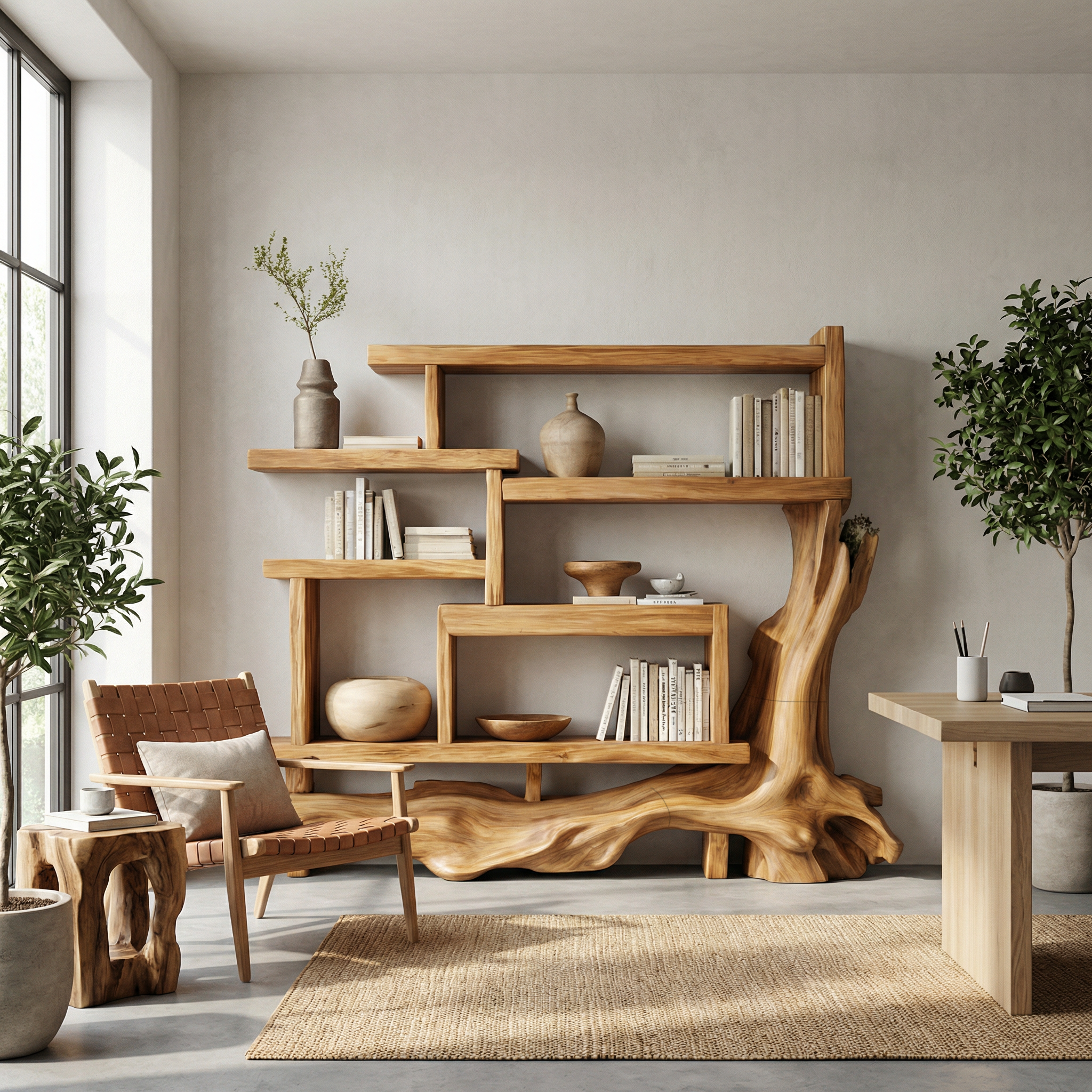 Organic Unique Wood Display Shelf For Living Room And Office