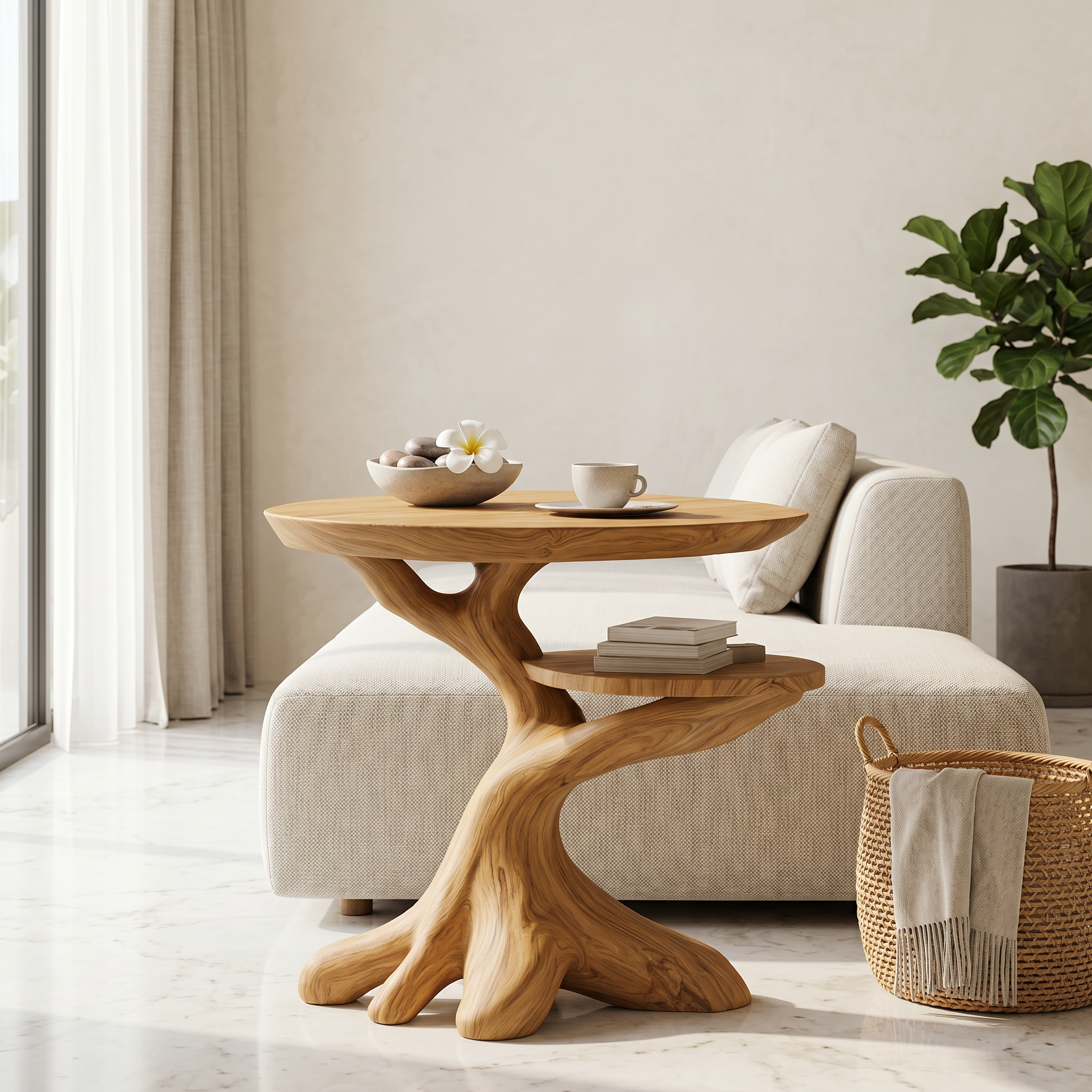 Modern Side Table With Organic Tree Root Silhouette For Living Room And Bedroom