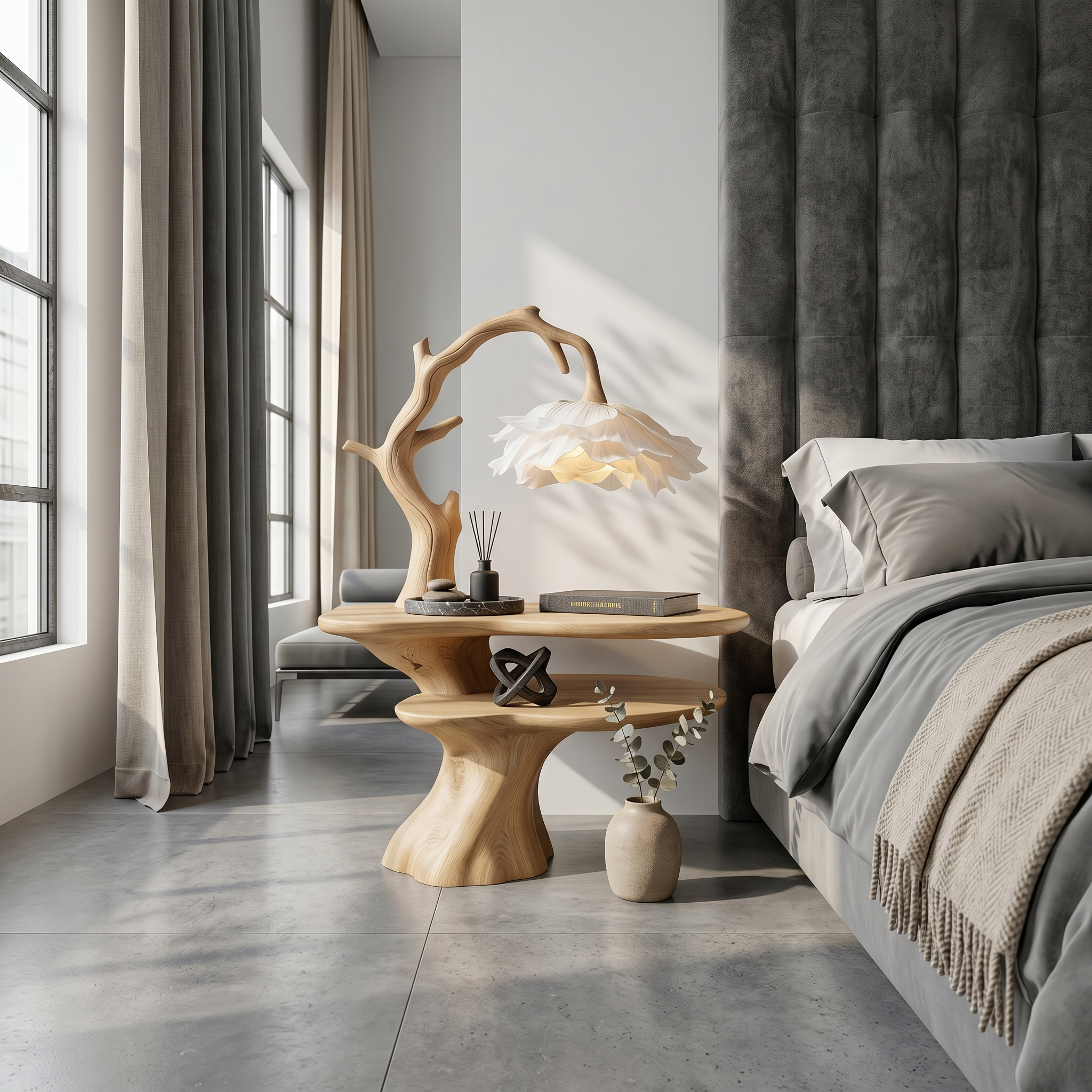Natural Bedside Table With Floral Lamp And Tree Branch Form For Bedroom And Guest Room