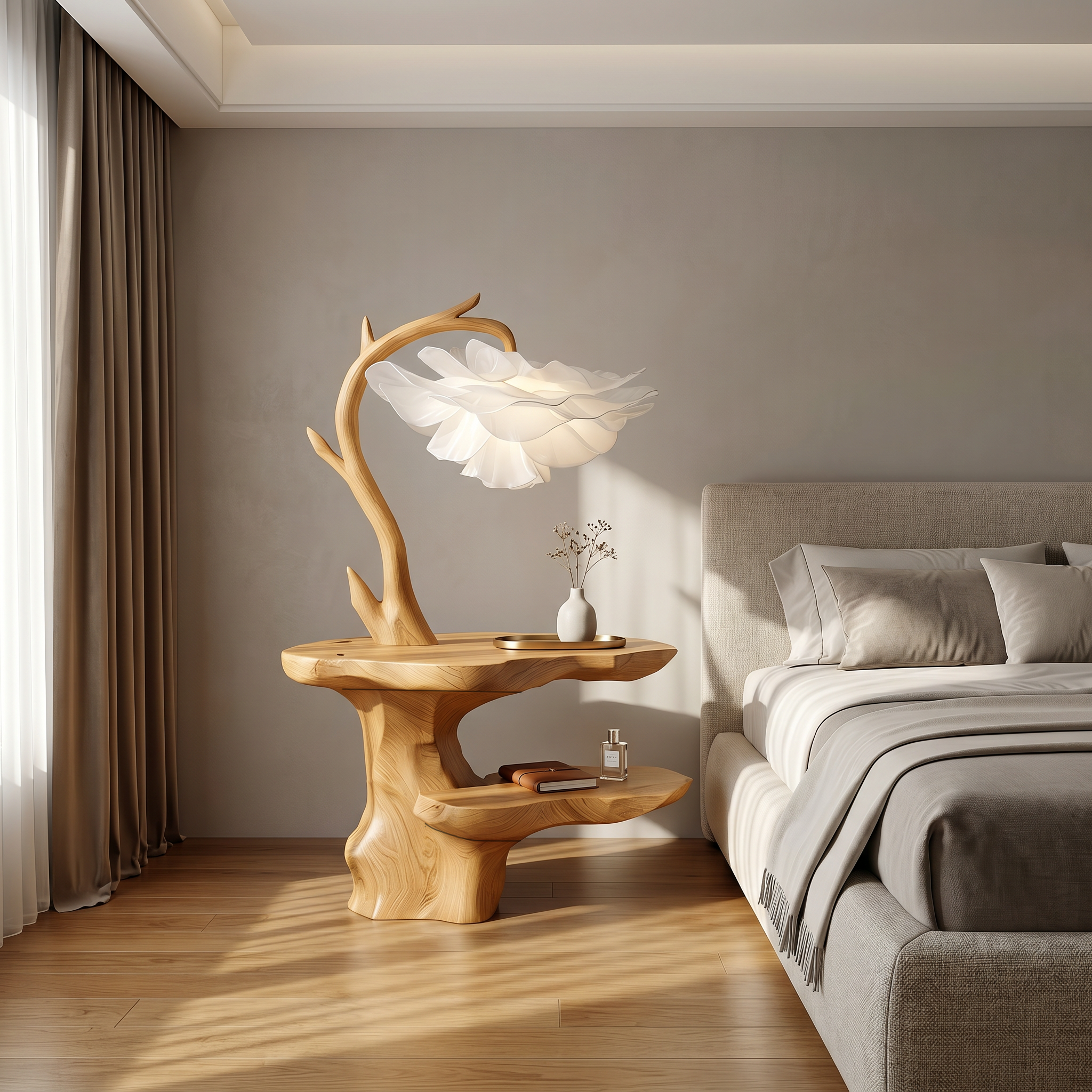 Organic End Table With Flower Lamp And Tree Branch Design For Bedroom And Reading Nook