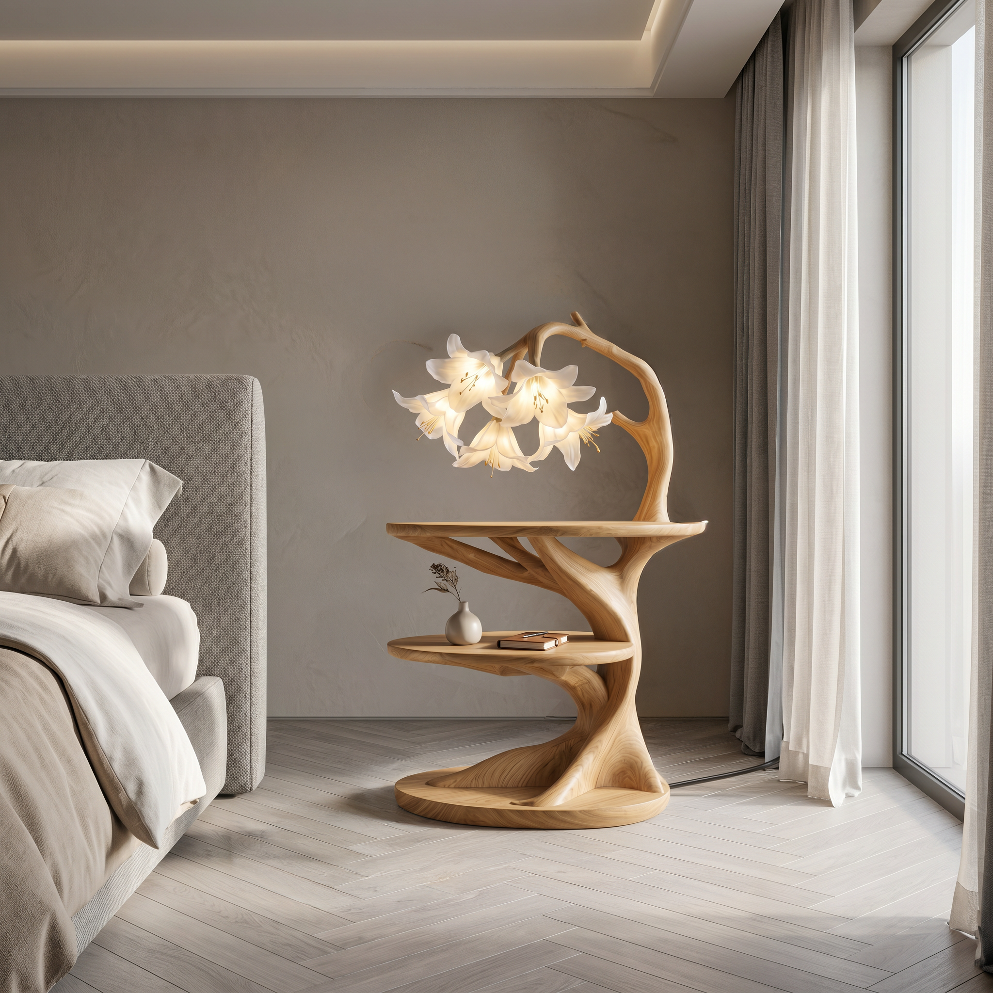Rustic Side Table With Flower Shade Lamp For Bedroom And Living Room
