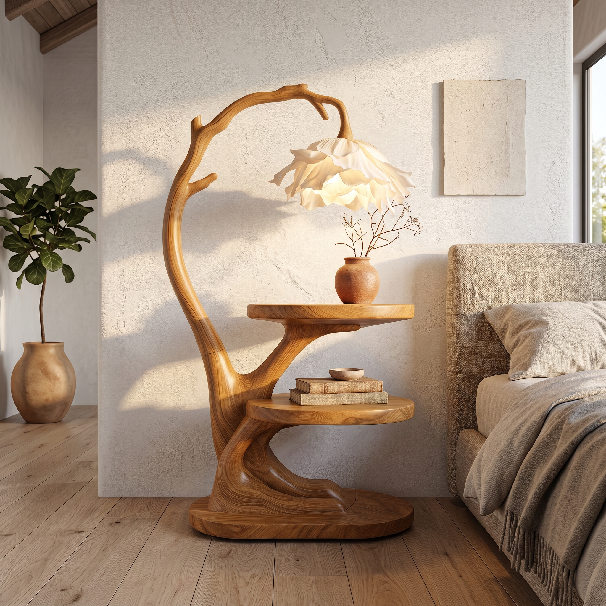 Organic Bedside Table With Sculptural Flower Lamp For Bedroom And Reading Nook