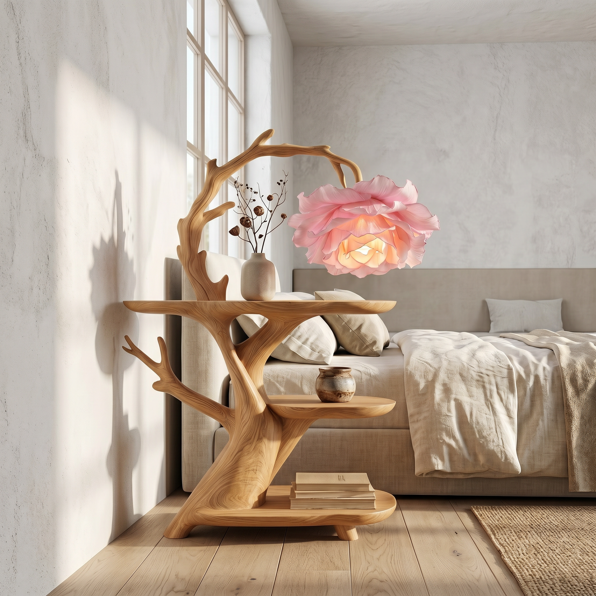 Contemporary Side Table With Floral Accent Lamp For Bedroom And Lounge