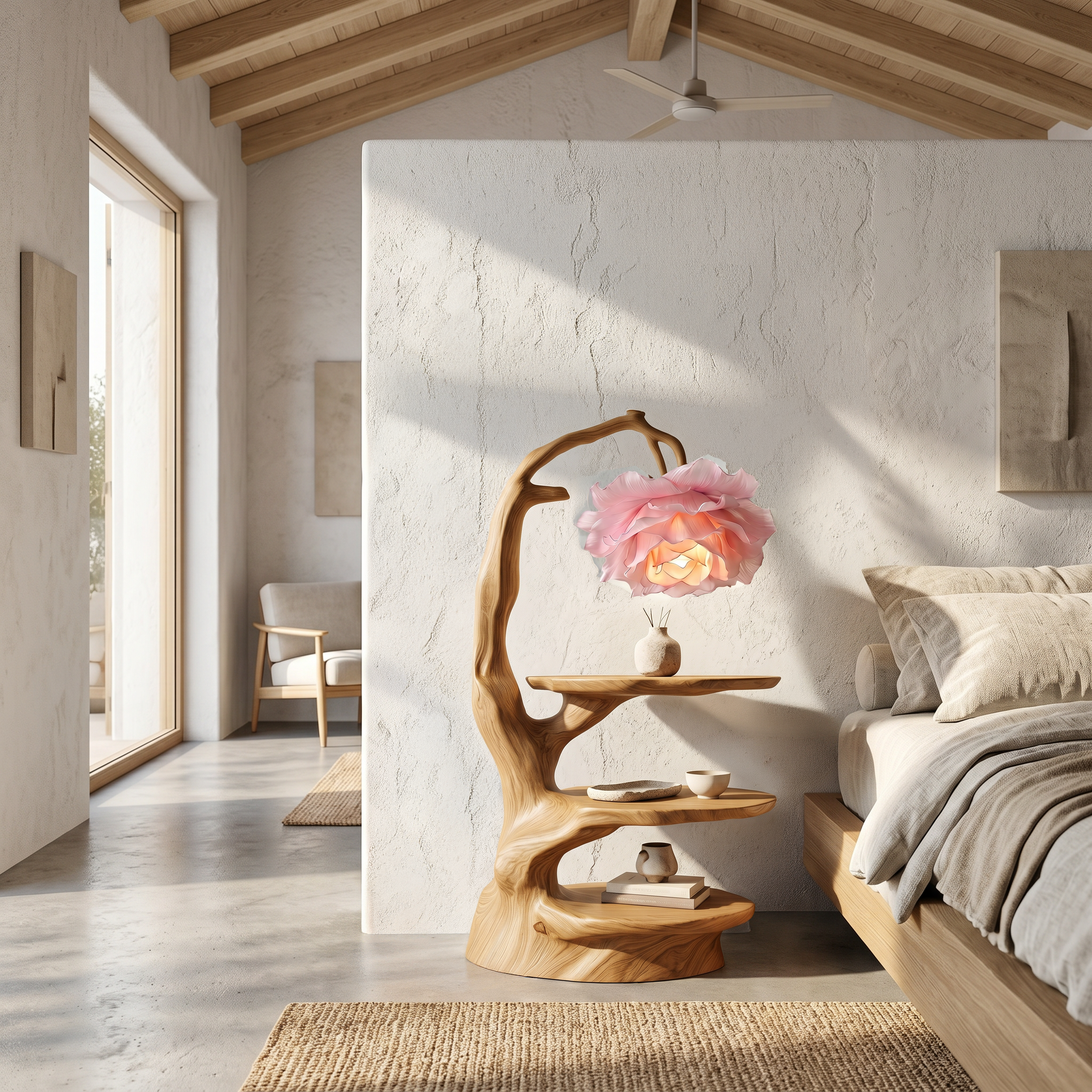 Natural End Table With Tree Branch Form And Flower Lamp For Bedroom And Reading Nook