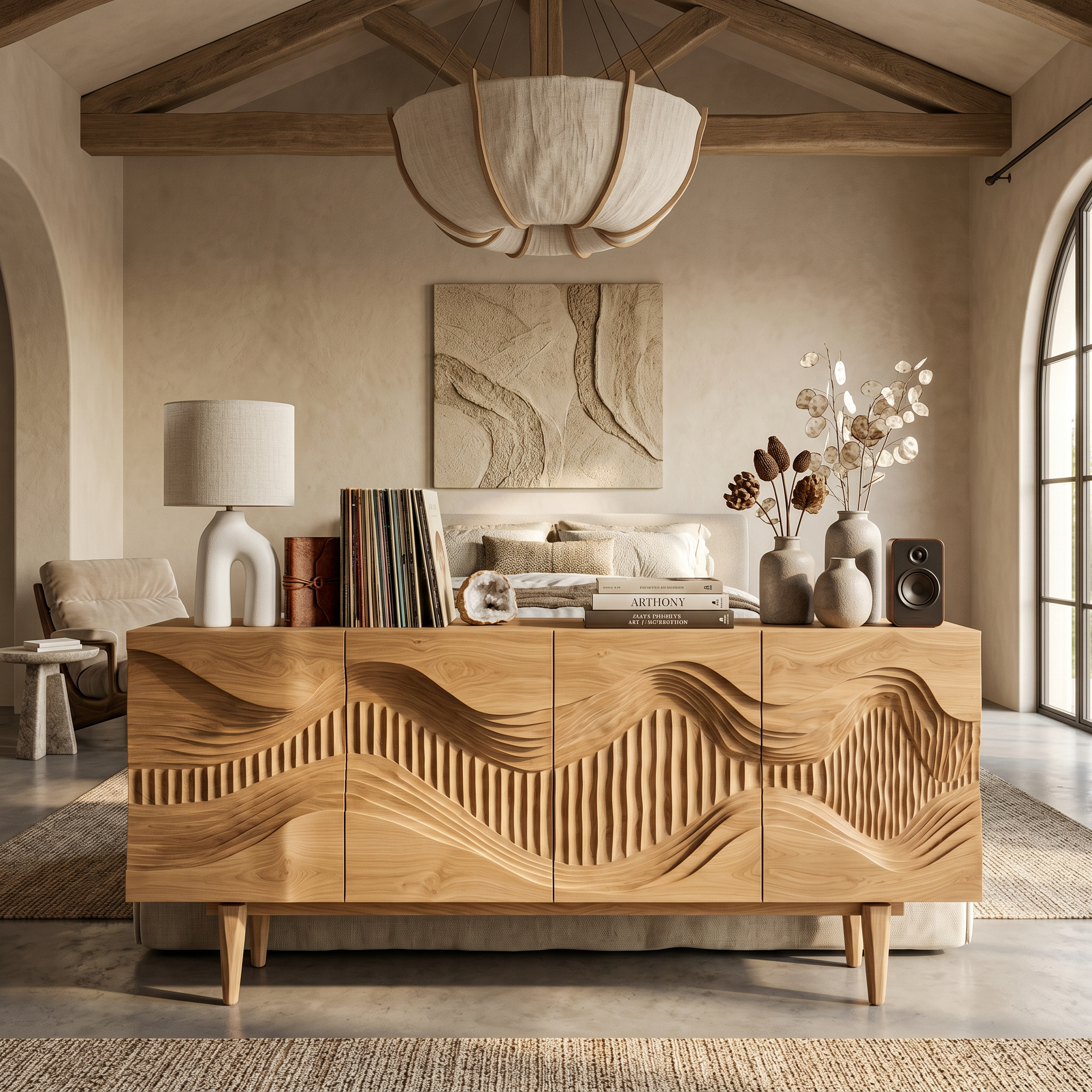 Mid Century Storage Cabinet With Sculptural Wave Carved Wood Doors For Living Room