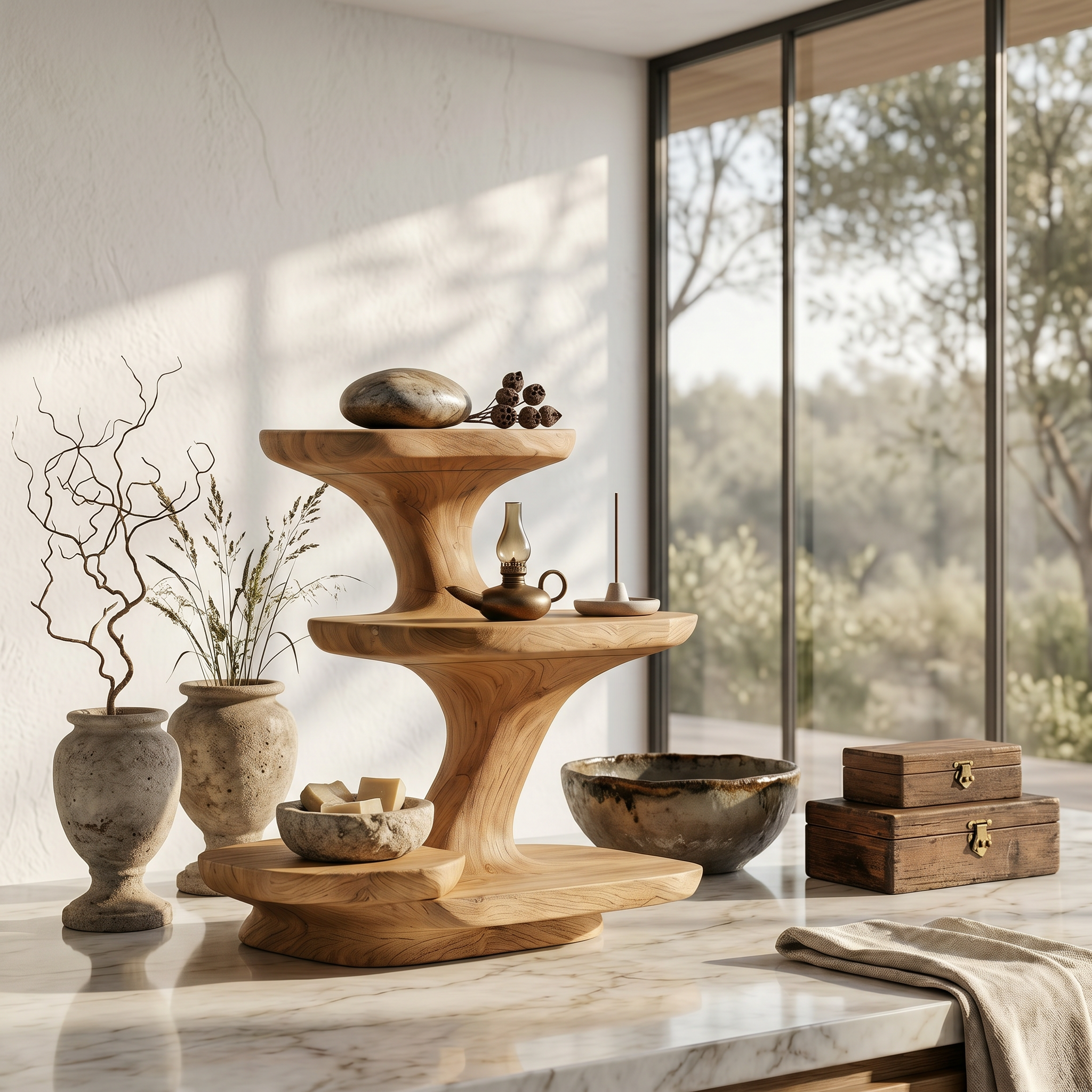 Organic Modern Bathroom Vanity Shelf With Sculptural Tiered Storage For Bathroom