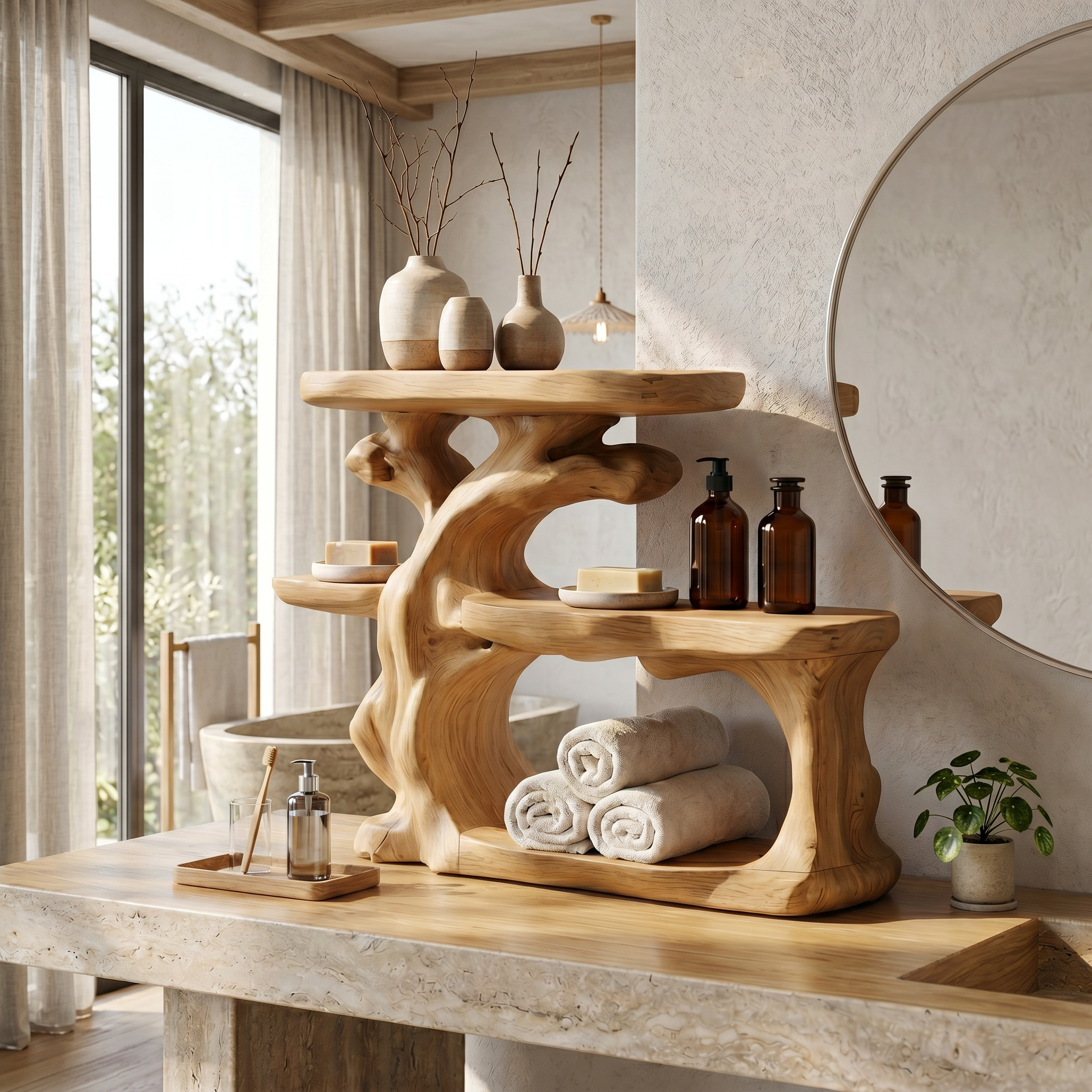 Rustic Bathroom Counter Organizer Shelf With Artistic Wood Form For Bathroom