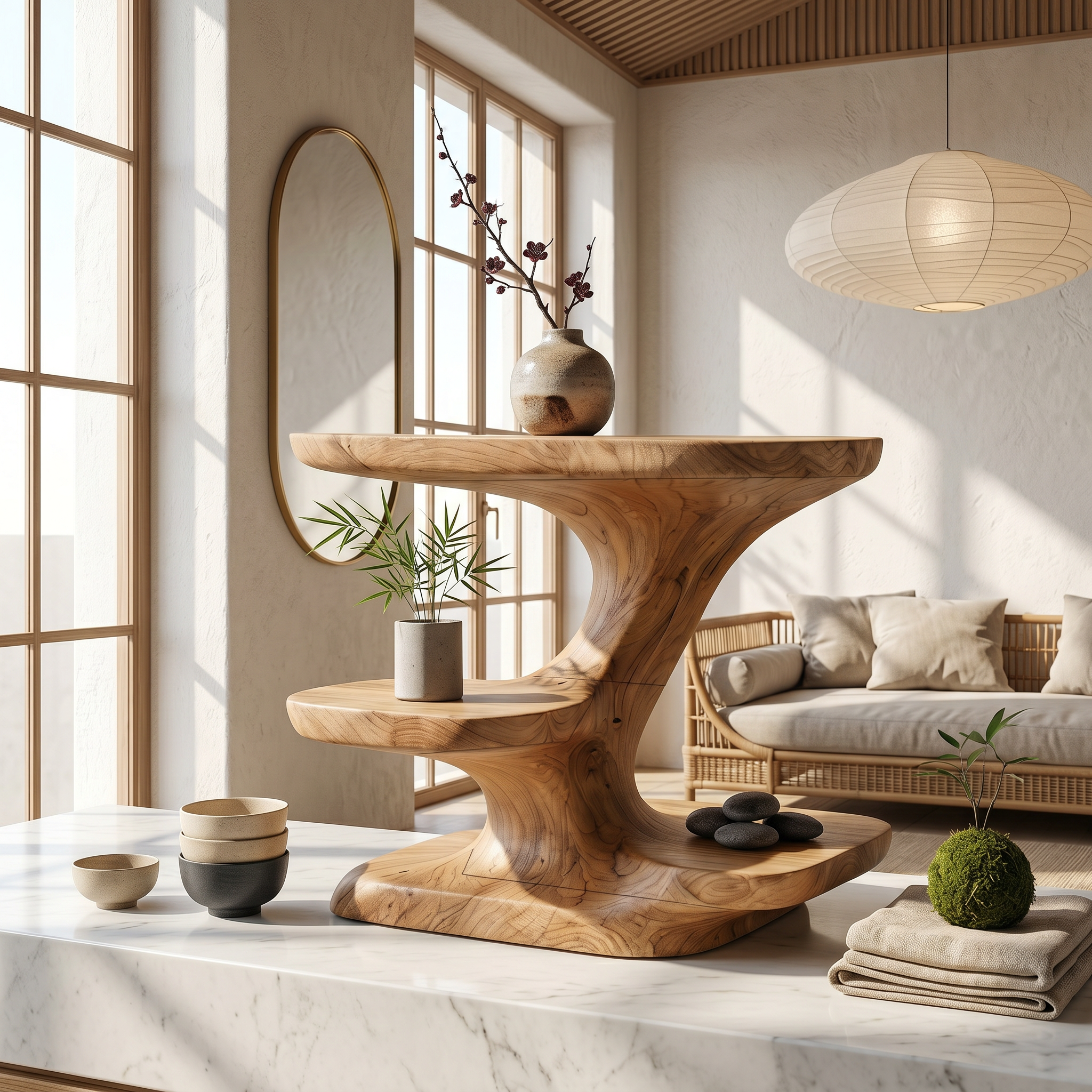 Modern Organic Bathroom Vanity Organizer With Tiered Wood Shelves For Bathroom