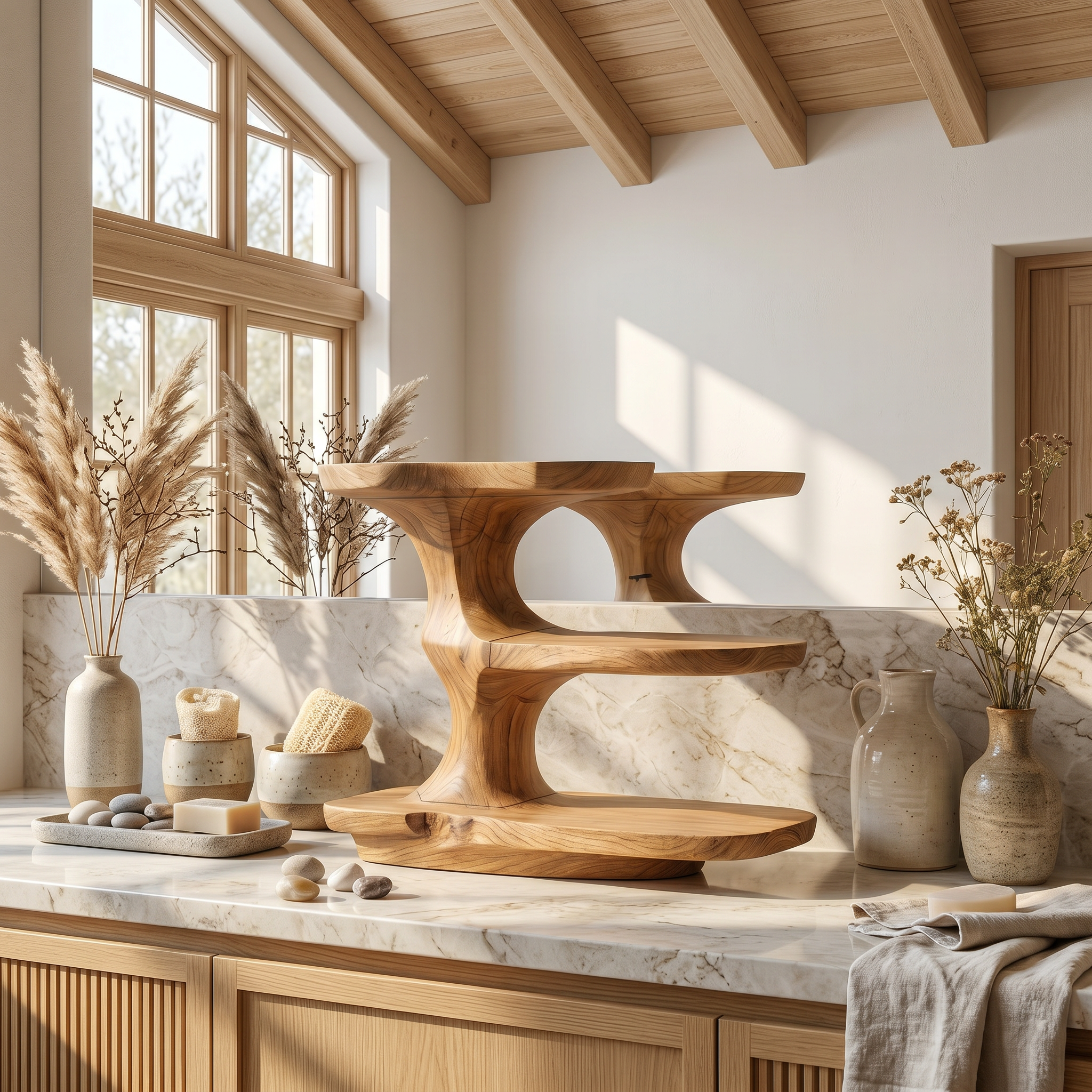 Minimalist Bathroom Shelf With Curved Wooden Storage