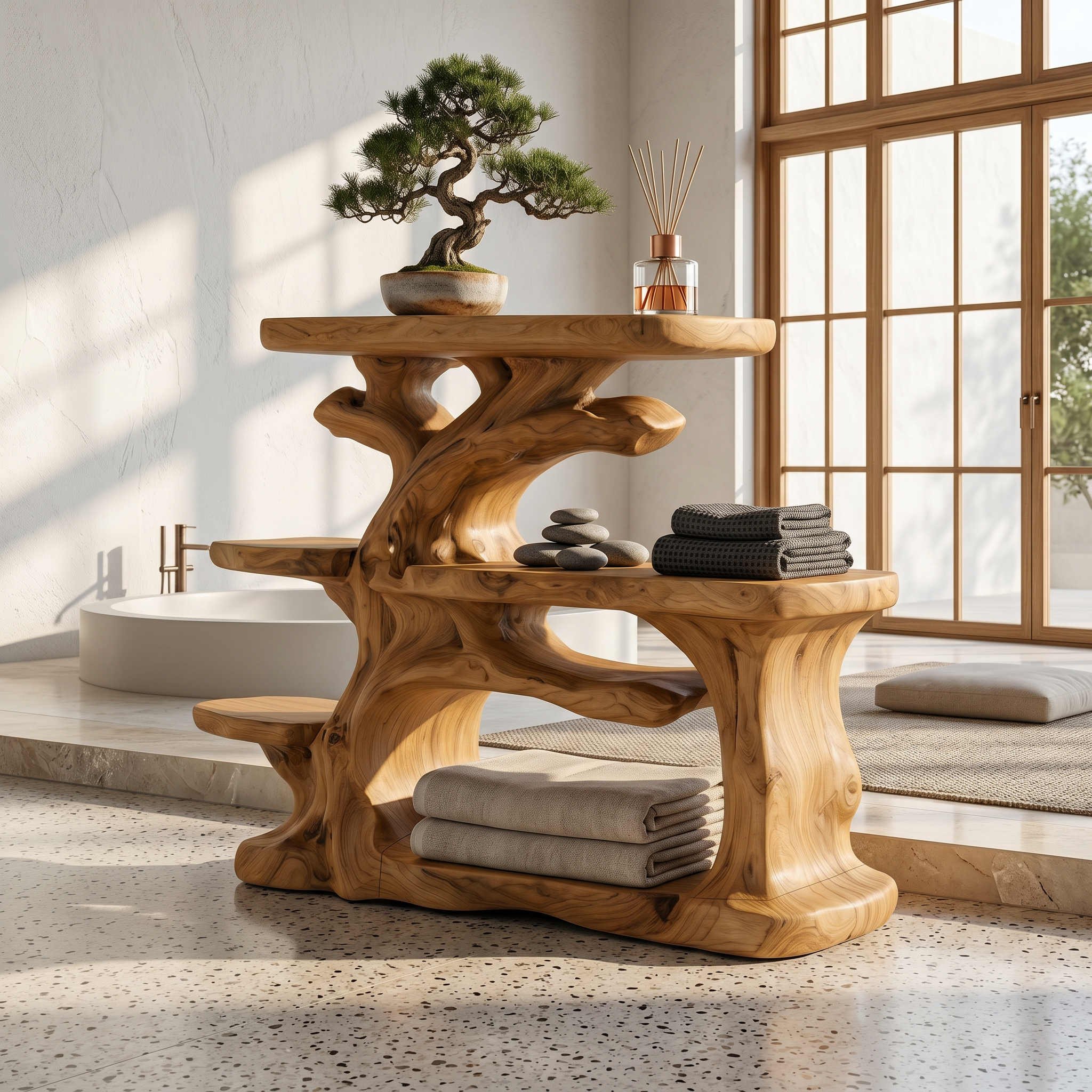 Nature Inspired Bathroom Organizer With Wooden Shelves For Bathroom