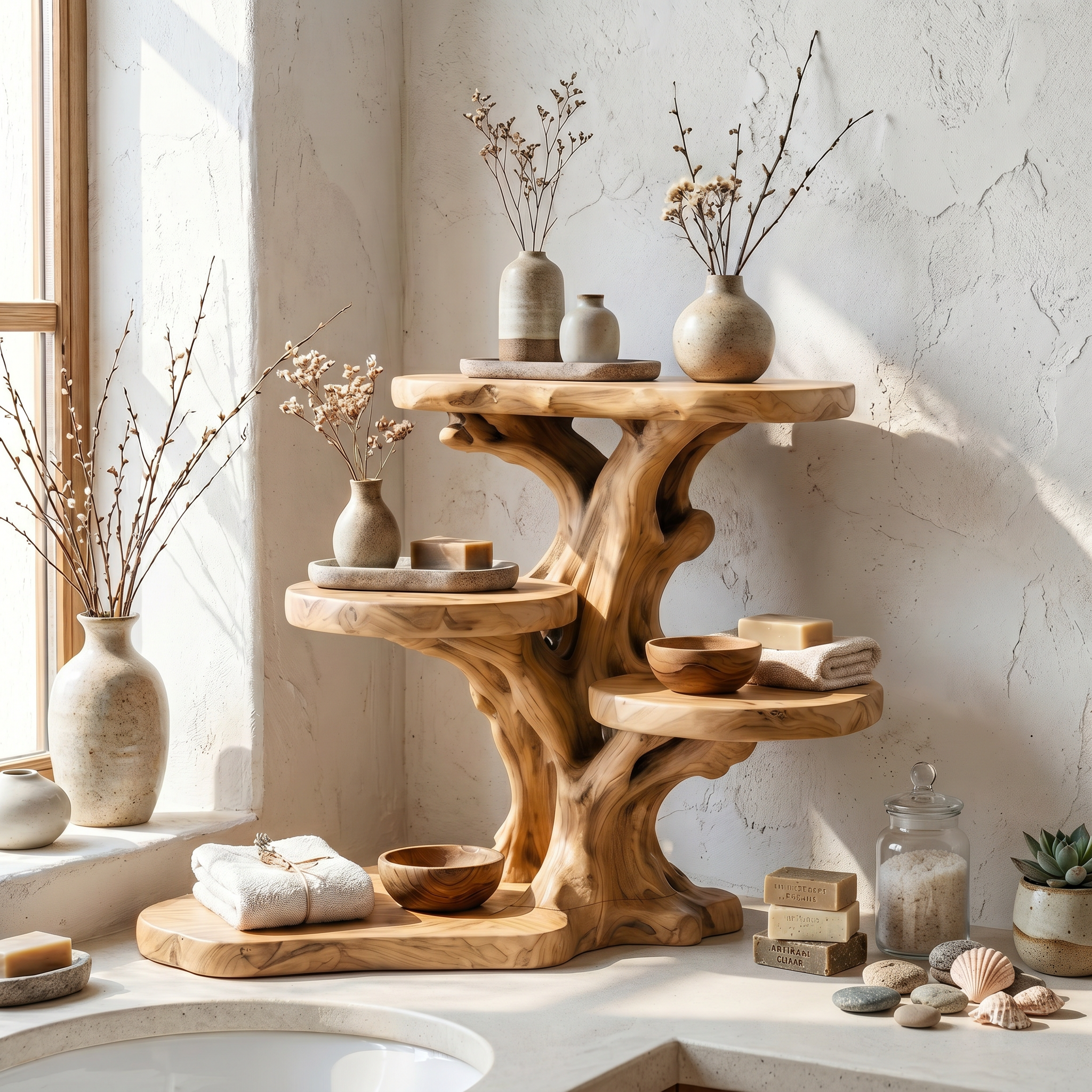 Rustic Tree Bathroom Organizer With Sculptural Display Shelves