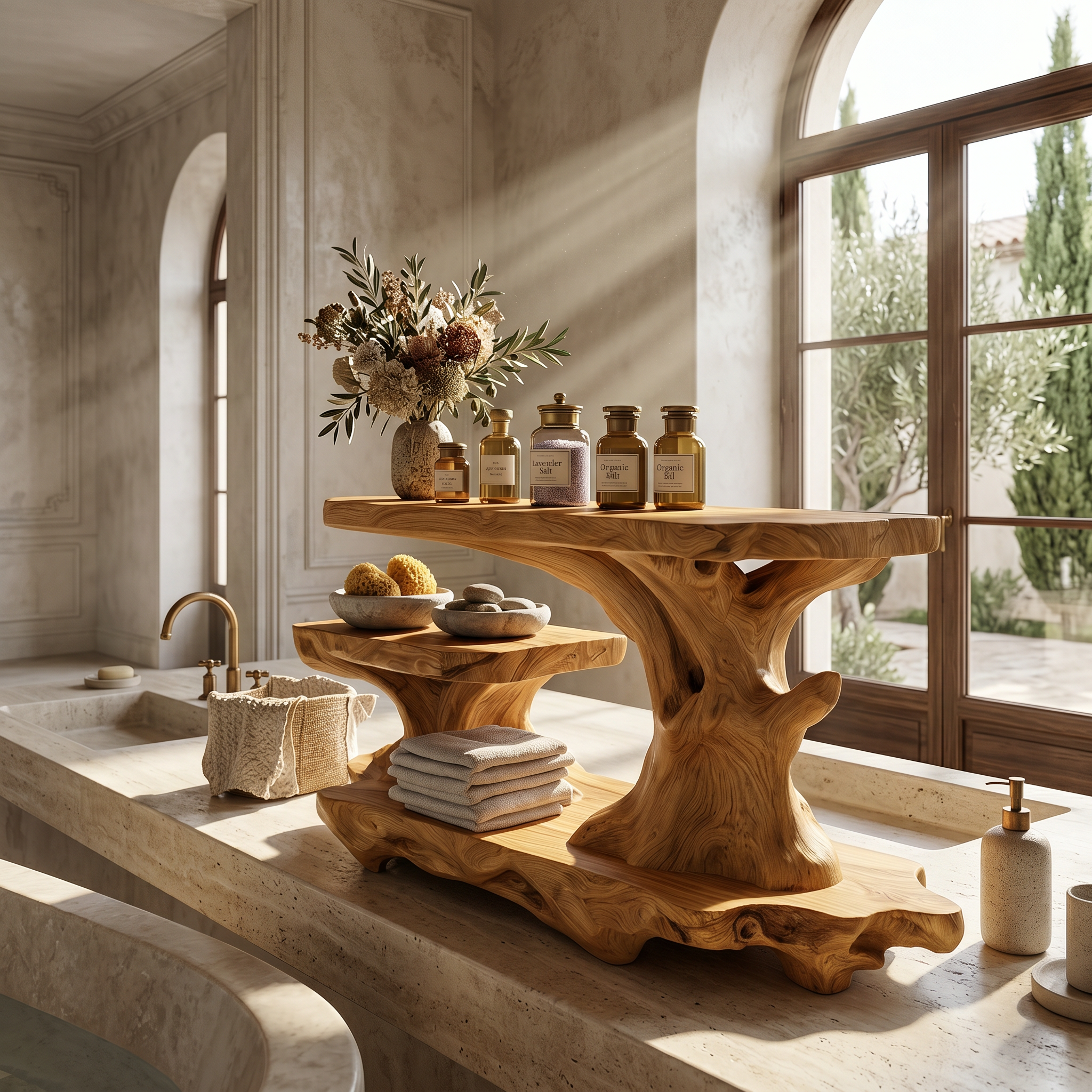 Artistic Tree Shelf With Multi Level Bathroom Storage