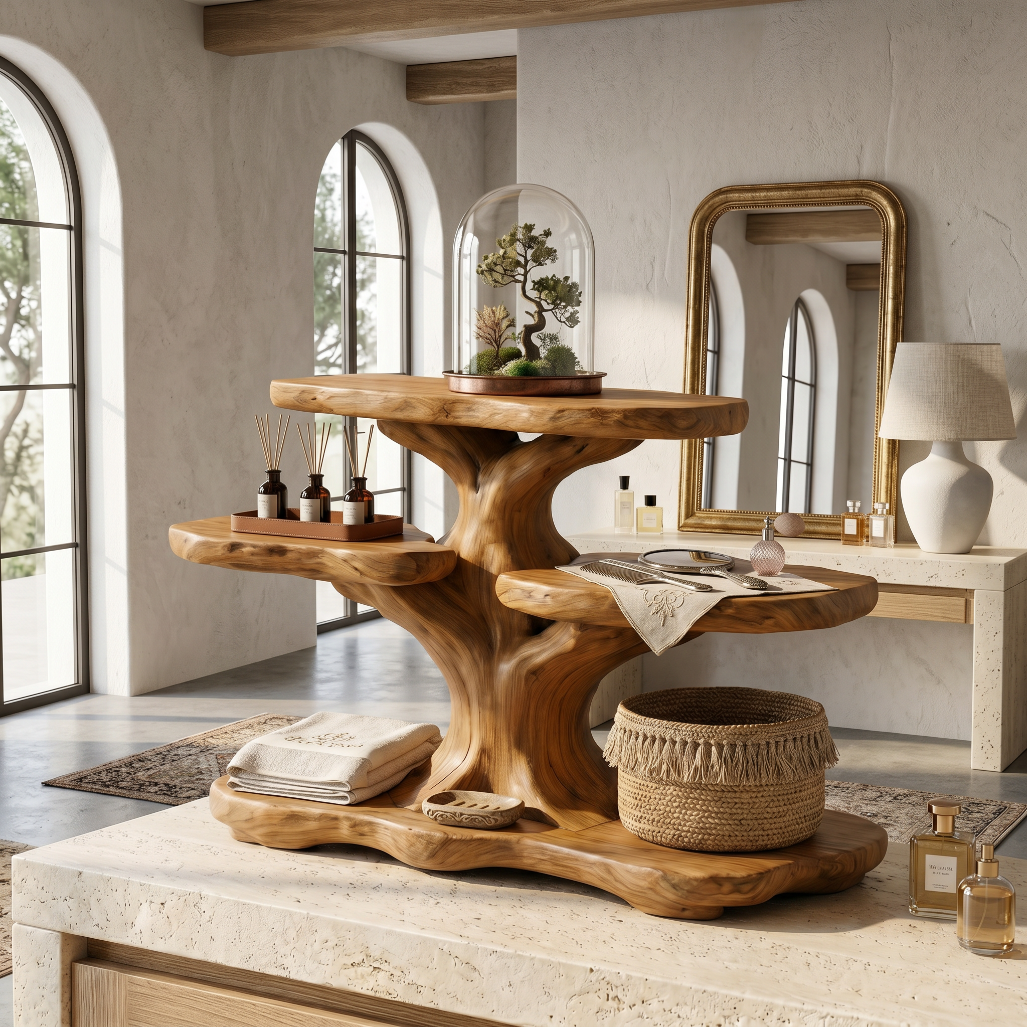 Contemporary Tree Bathroom Organizer With Floating Wood Shelves