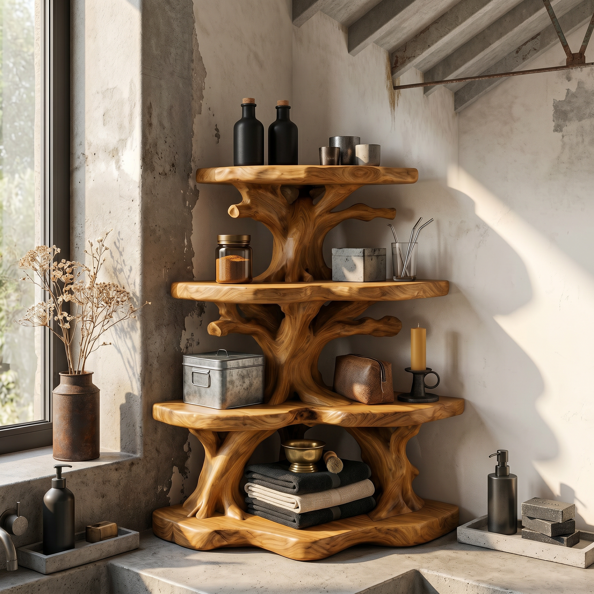 Nature Inspired Corner Bathroom Shelf With Decorative Storage For Bathroom