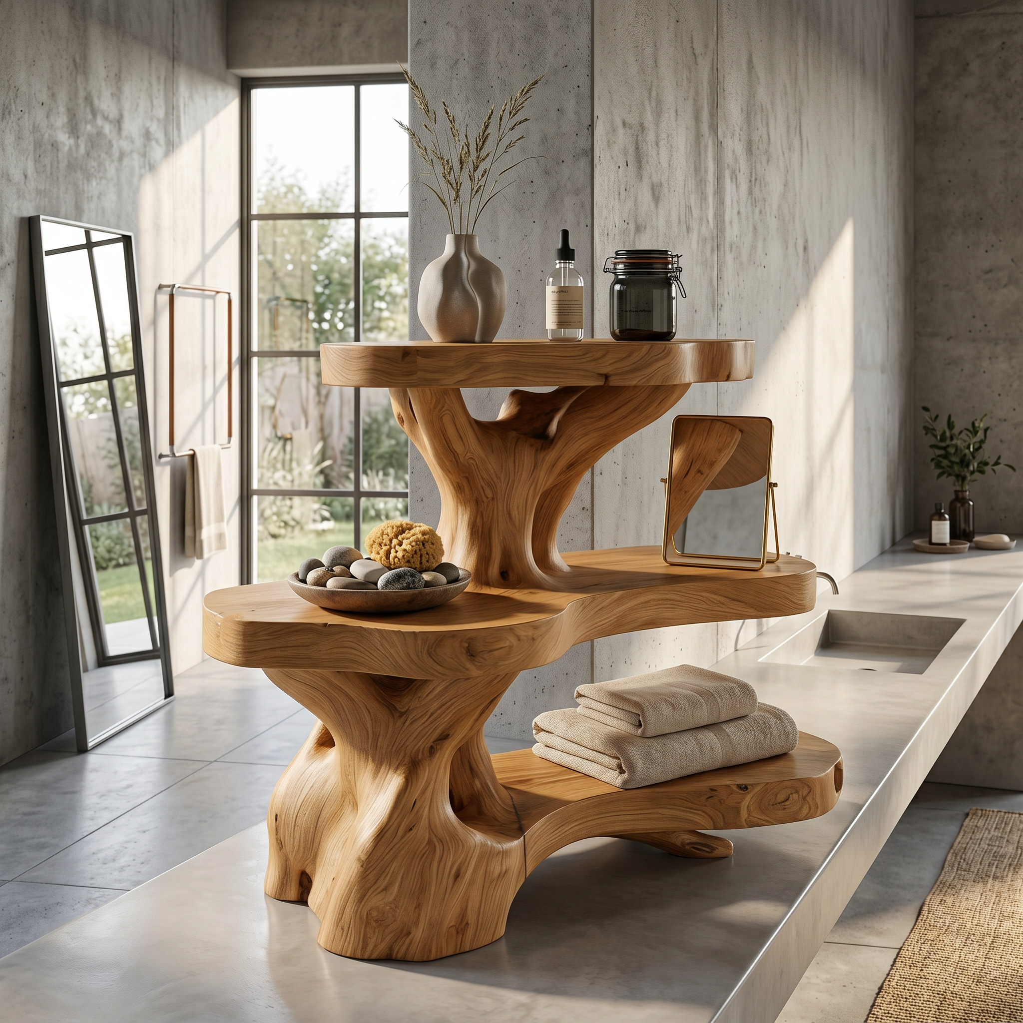 Nature Inspired Bathroom Shelf With Tree Branch Storage For Bathroom