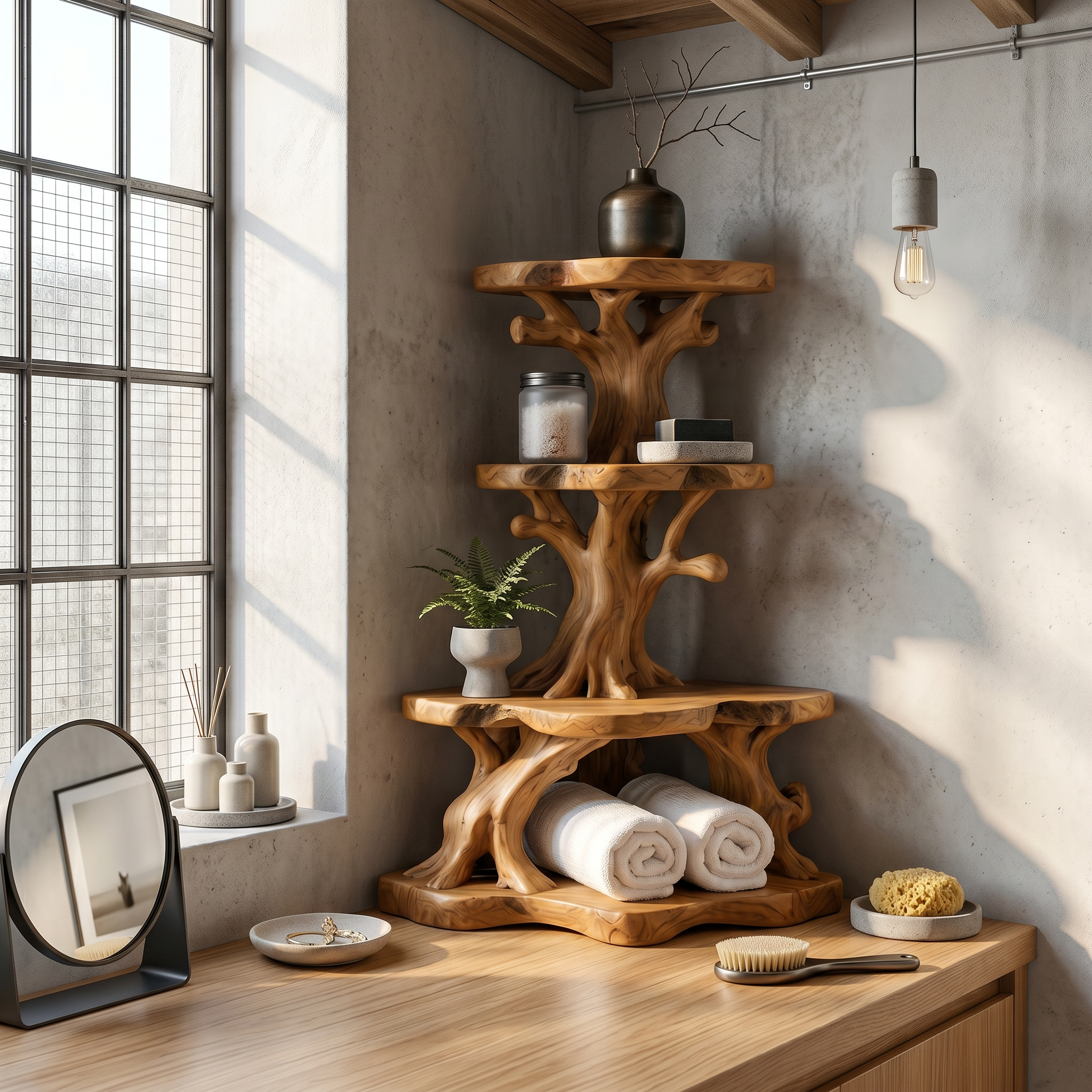 Rustic Bathroom Corner Shelf With Sculptural Wood Display Storage