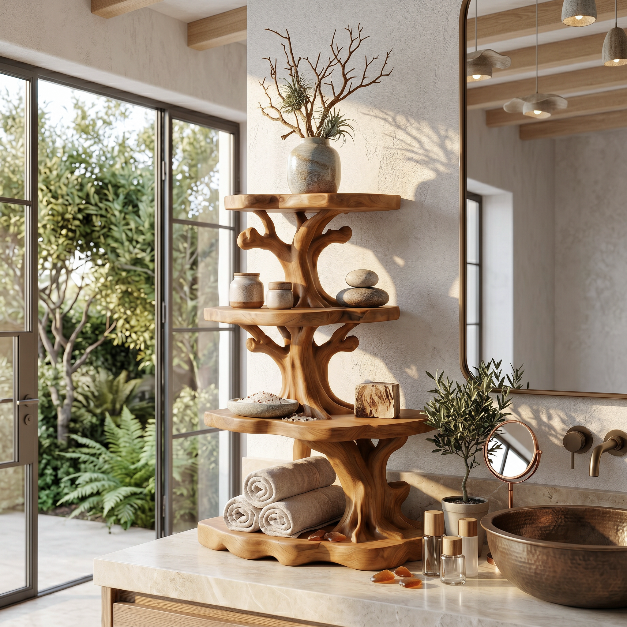 Handcrafted Wooden Bathroom Shelf With Nature Inspired Design For Bathroom