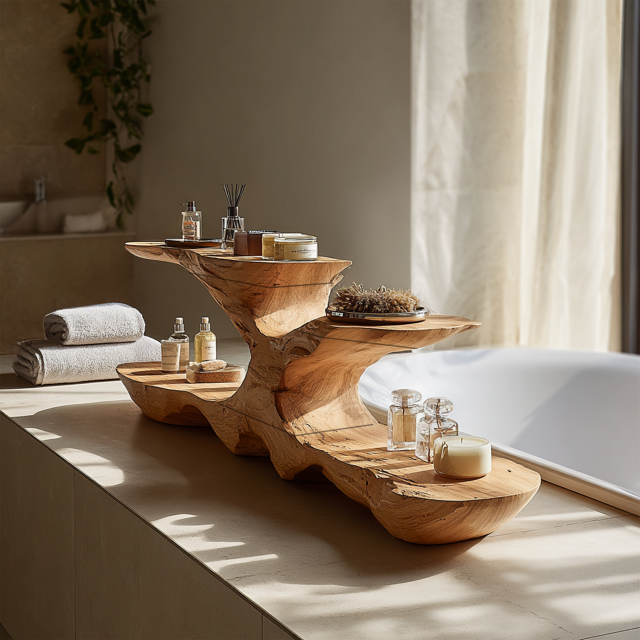 Organic Bathroom Counter Organizer With Sculptural Tiered Shelves