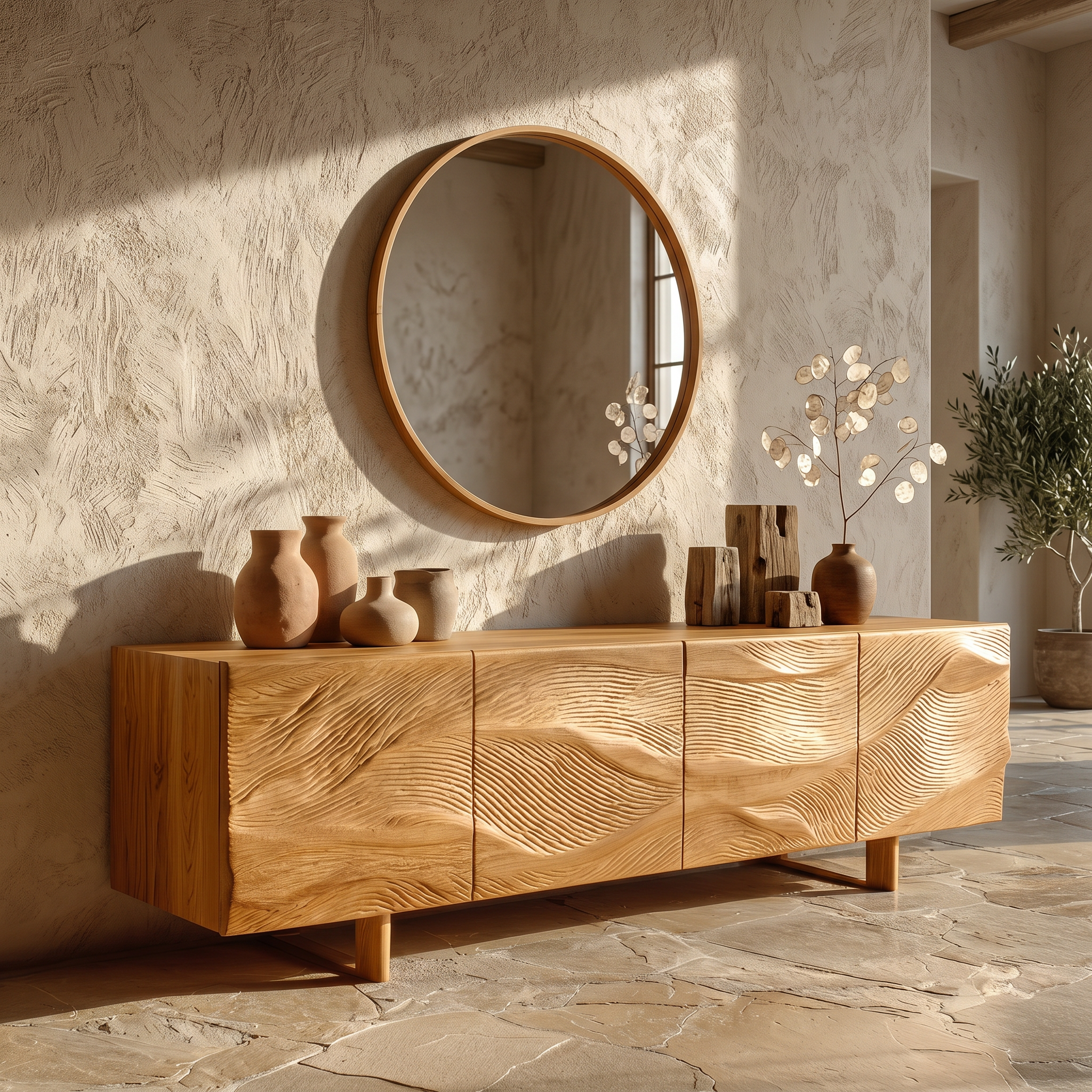 Modern Storage Cabinet With Sunburst Carved Wood Doors For Living Room